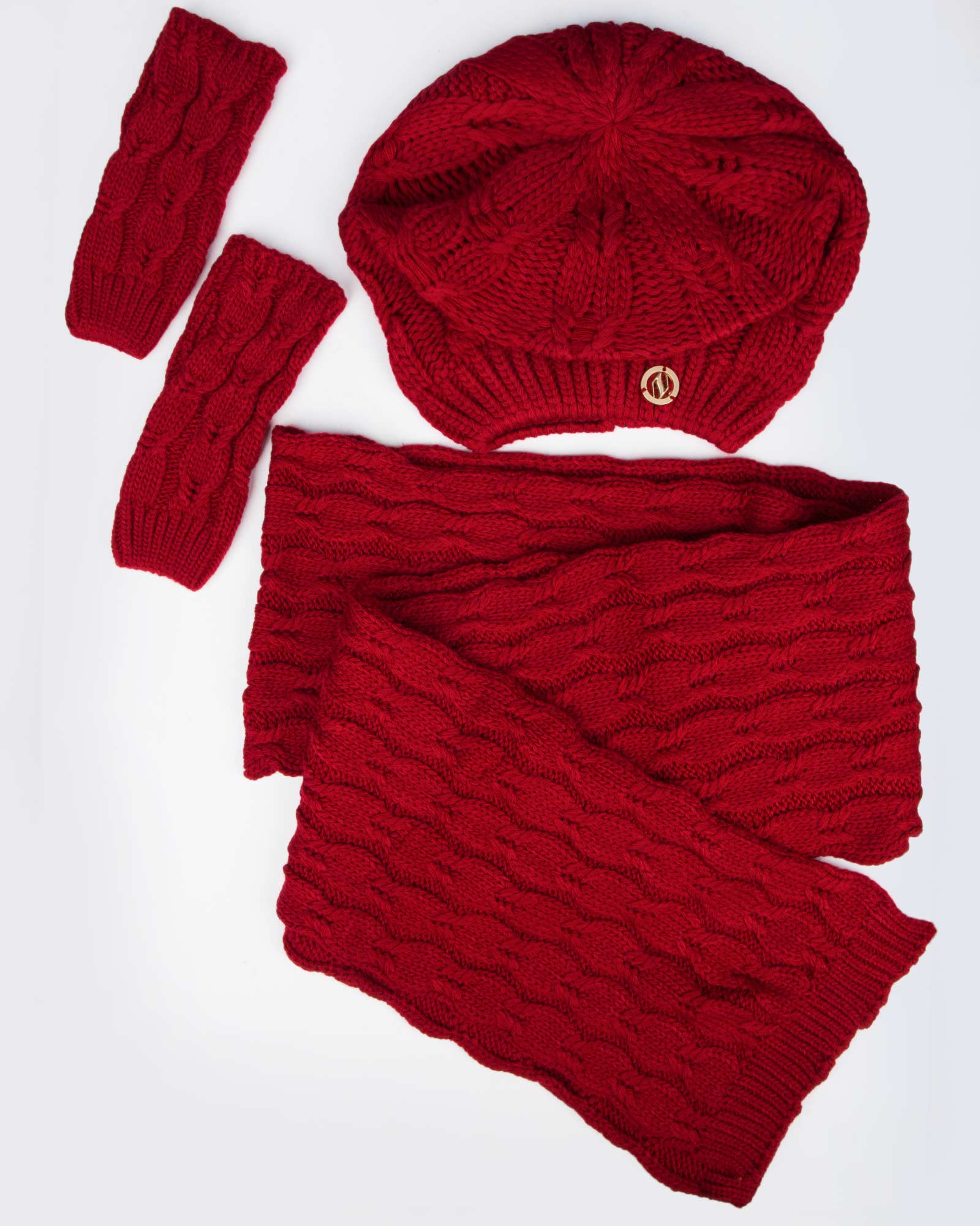 ست کلاه و شال گردن و دستکش بافت - قرمز - رو به رو