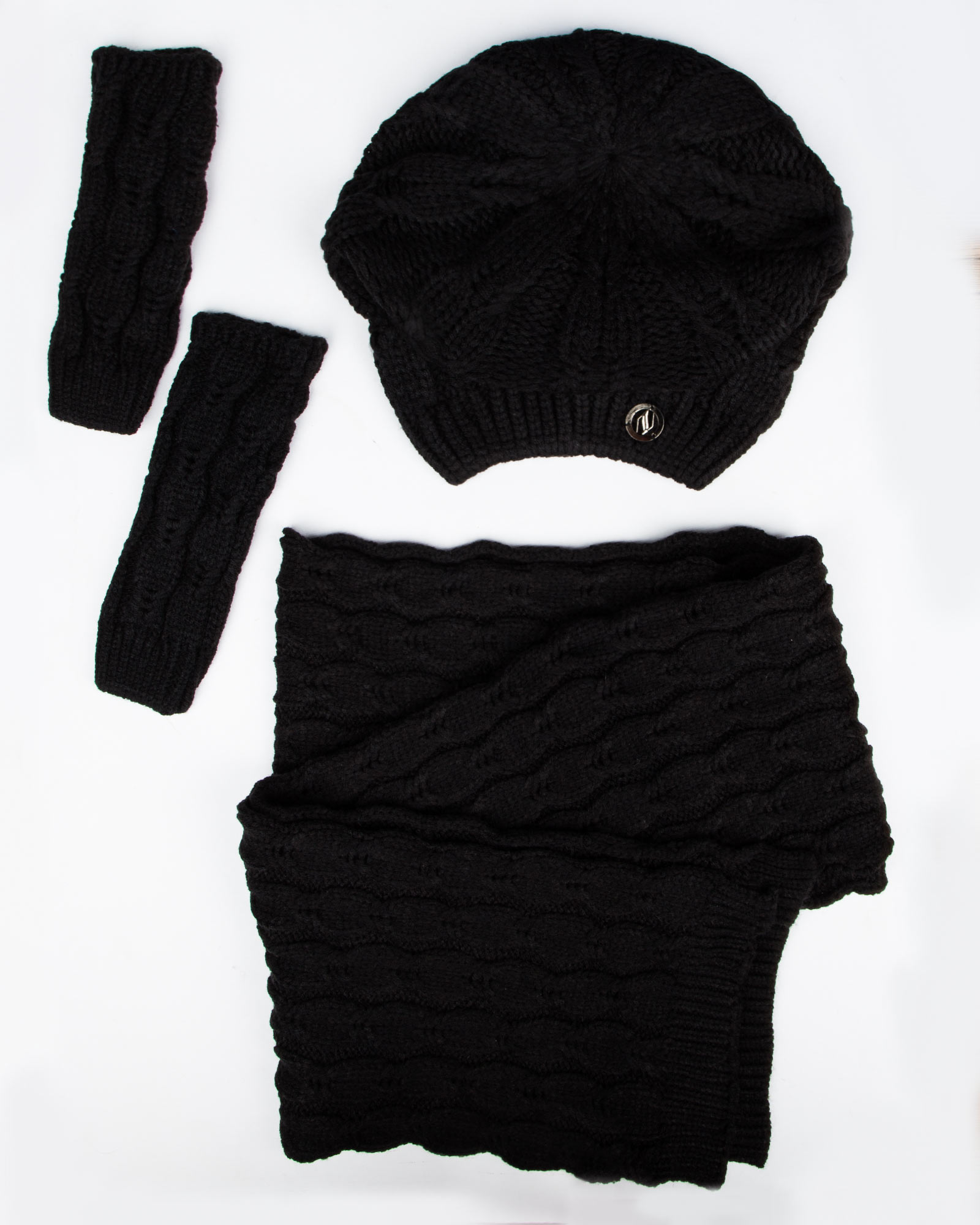 ست کلاه و شال گردن و دستکش بافت - مشکی - رو به رو