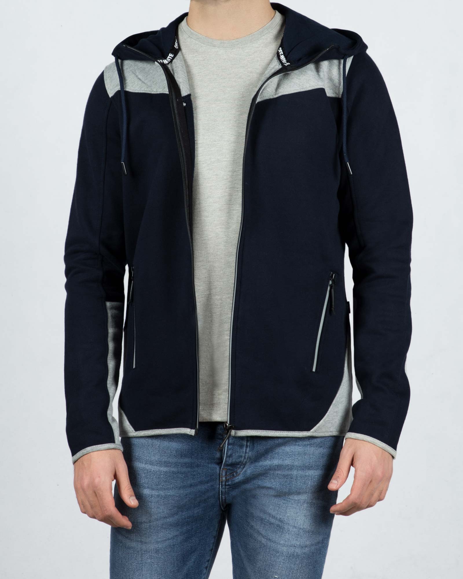 سویشرت مردانه دو رنگ-سرمه ای-زیپ باز