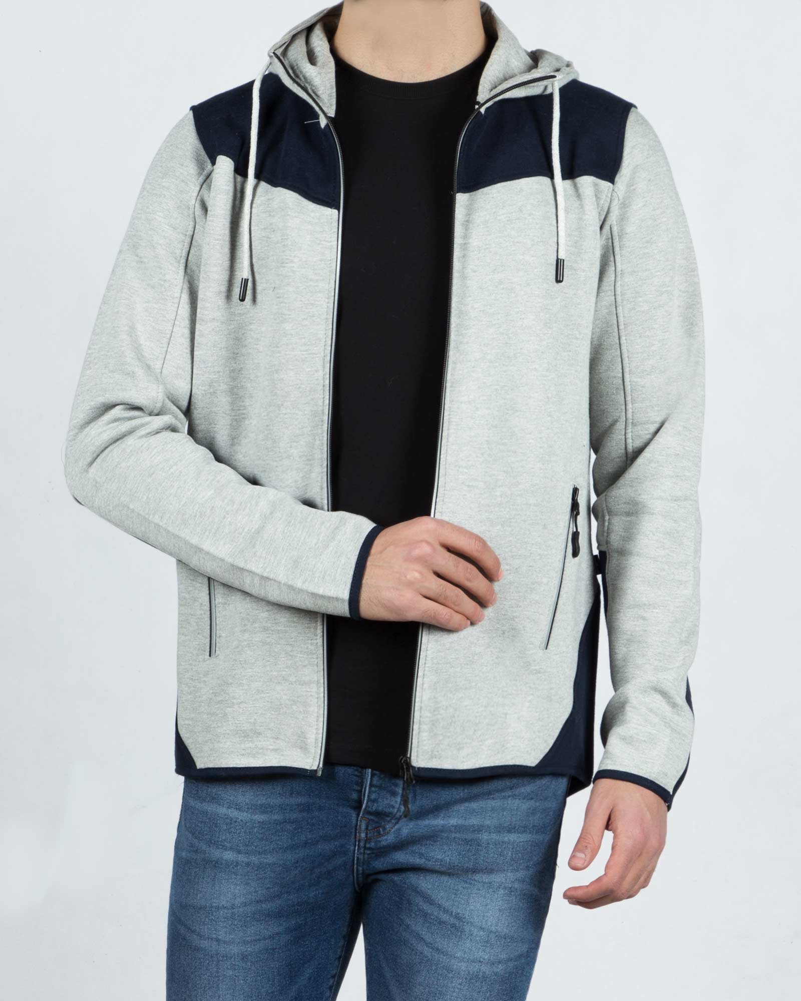 سویشرت مردانه دو رنگ-طوسی-زیپ باز