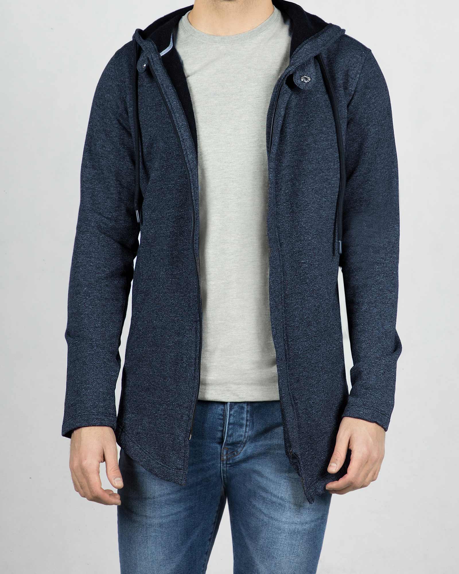 سویشرت مردانه ملانژ کلاه دار-سرمه ای-جلوباز