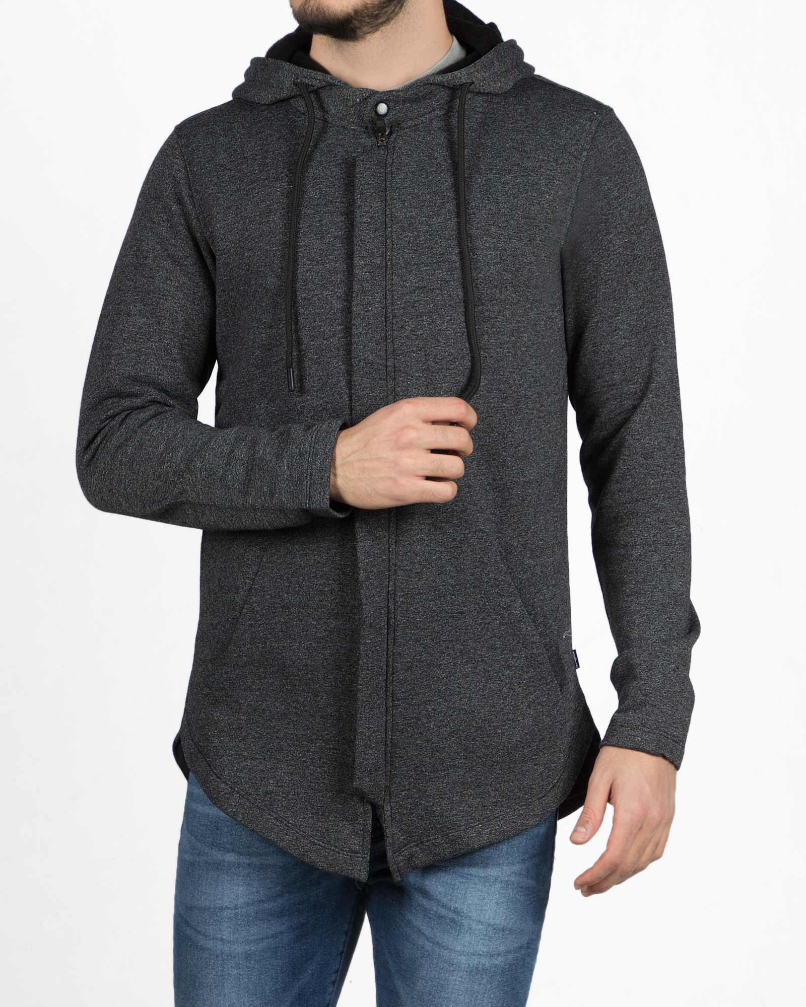 سویشرت مردانه ملانژ کلاه دار-مشکی-رو به رو