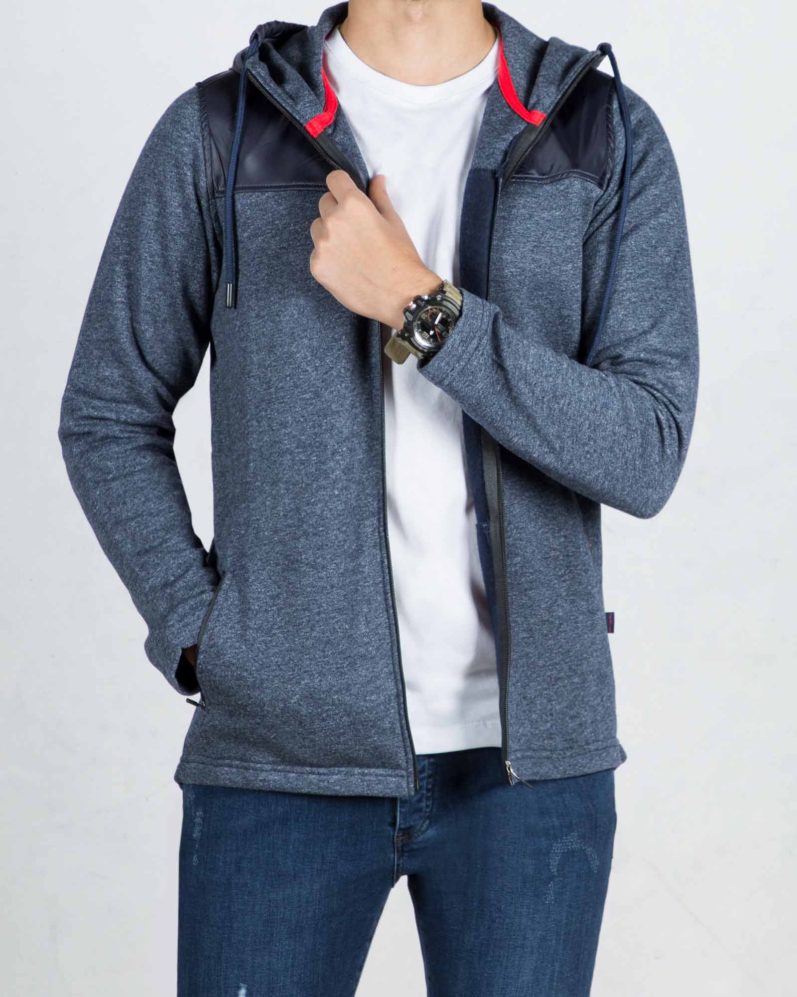 سویشرت مردانه کلاه دار ملانژ-سرمه ای-جلو باز