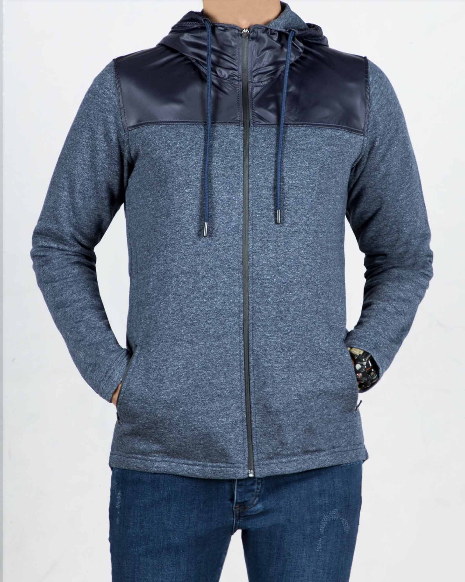 سویشرت مردانه کلاه دار ملانژ-سرمه ای-رو به رو