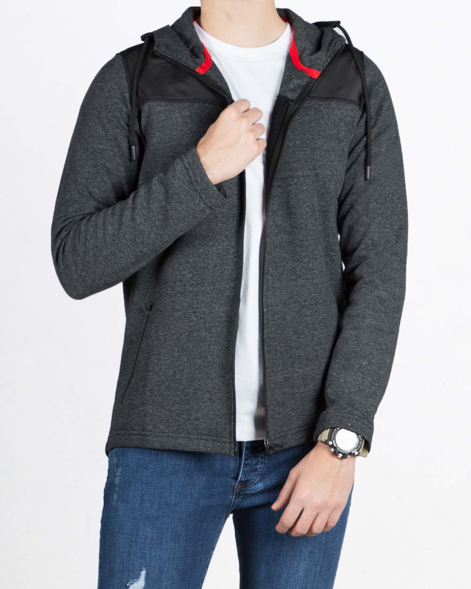 سویشرت مردانه کلاه دار ملانژ-مشکی-جلوباز