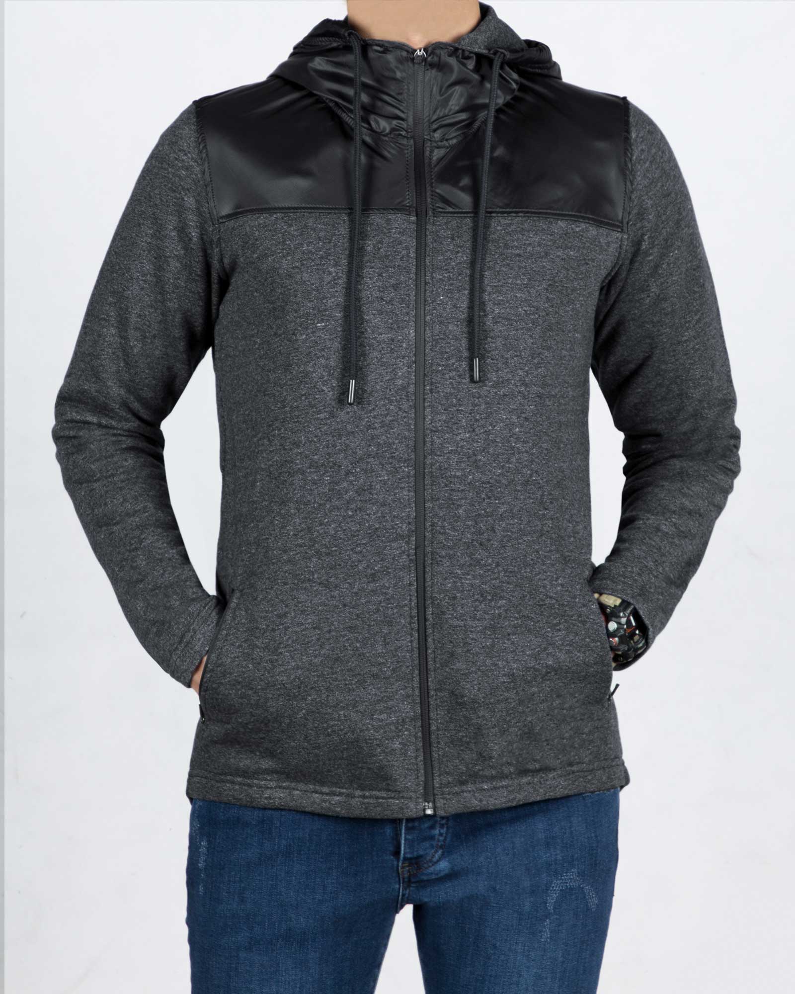 سویشرت مردانه کلاه دار ملانژ-مشکی-رو به رو