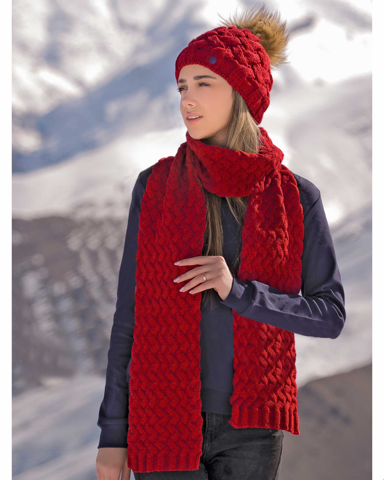 شال گردن و کلاه بافت طرح حصیری - قرمز - زنانه