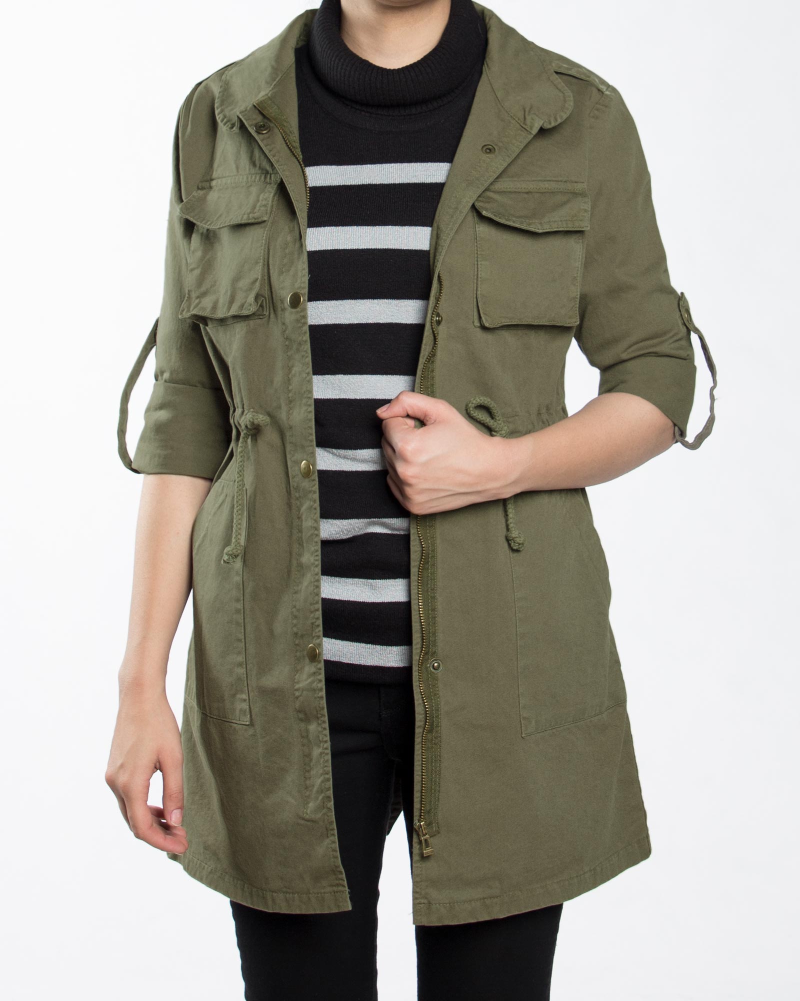 مانتو پاییزه کتان ساده زنانه - زیتونی - رو به رو جلو باز