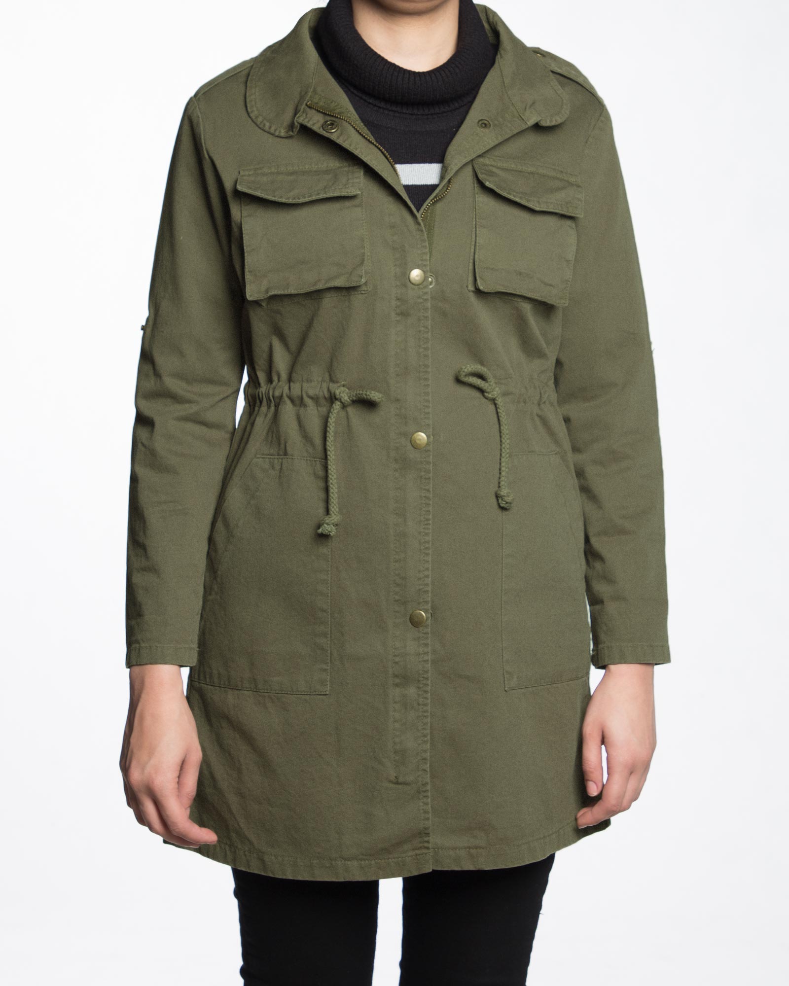 مانتو پاییزه کتان ساده زنانه - زیتونی - رو به رو