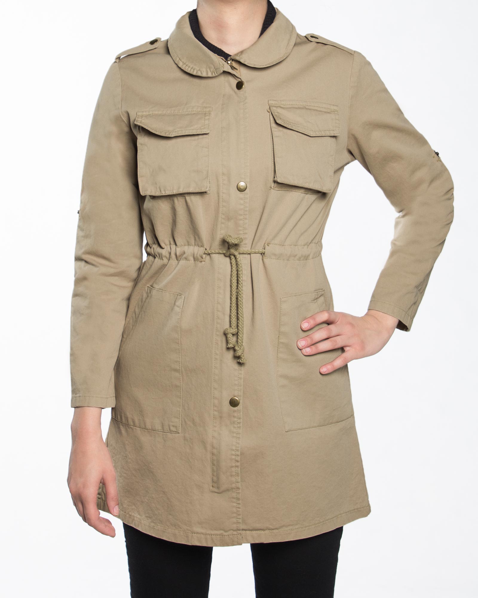 مانتو پاییزه کتان ساده زنانه- کرمی- رو به رو بسته