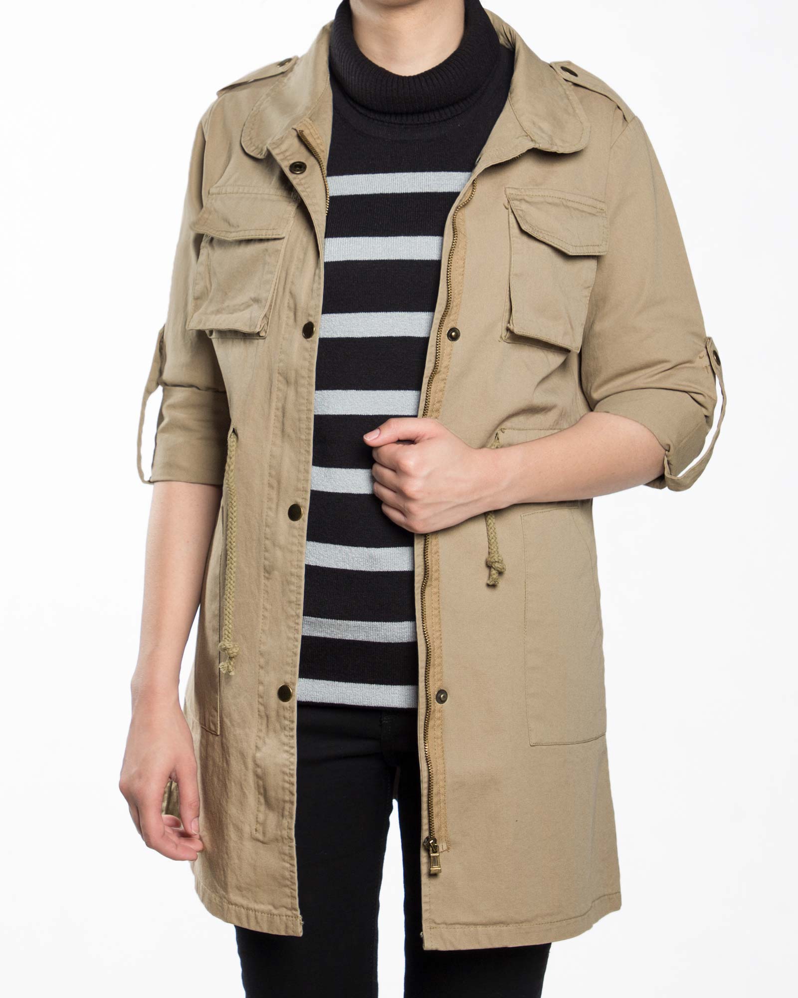 مانتو پاییزه کتان ساده زنانه -کرمی- رو به رو جلو باز