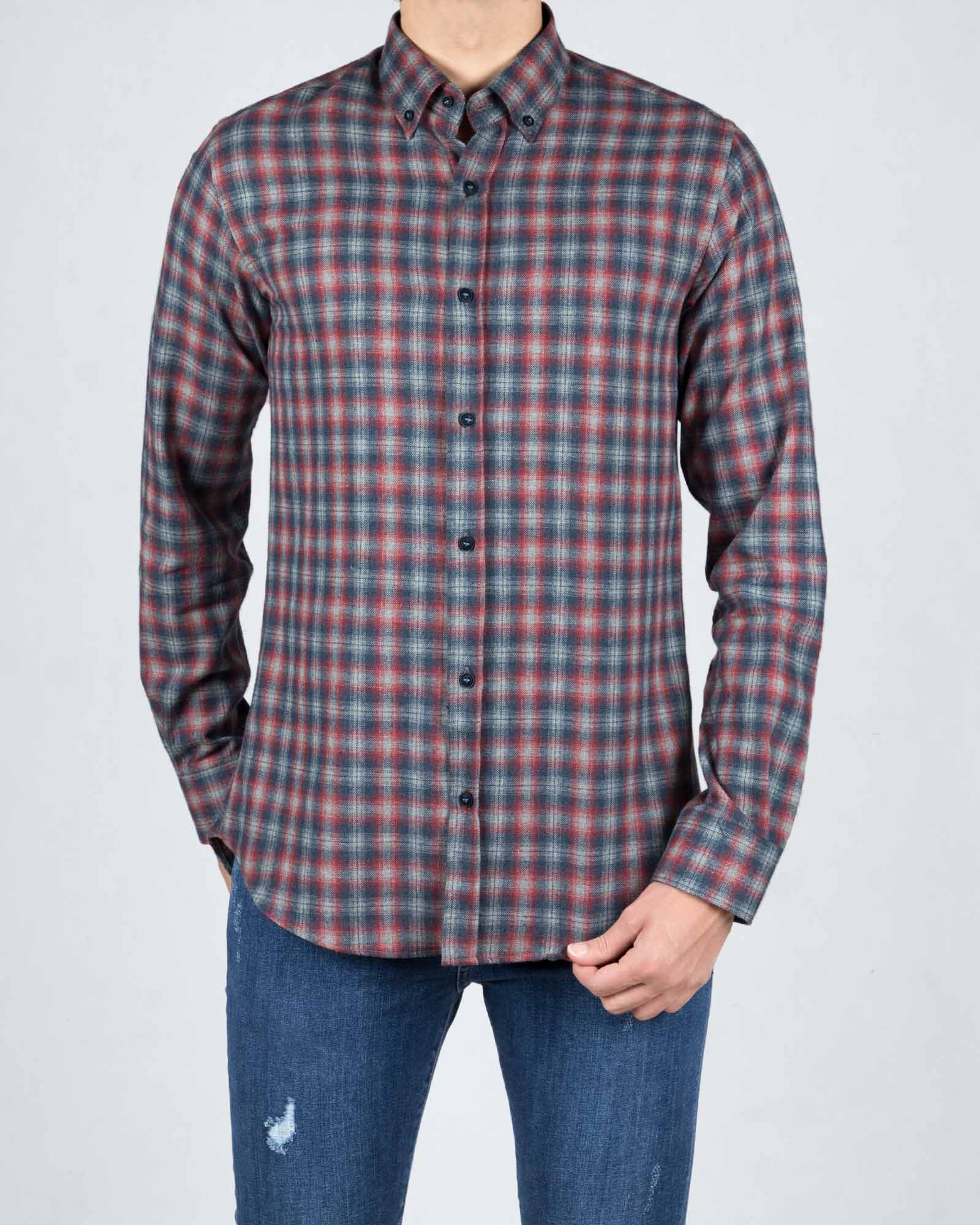 پیراهن پشمی آستین بلند چهارخانه مردانه - زرشکی - رو به رو