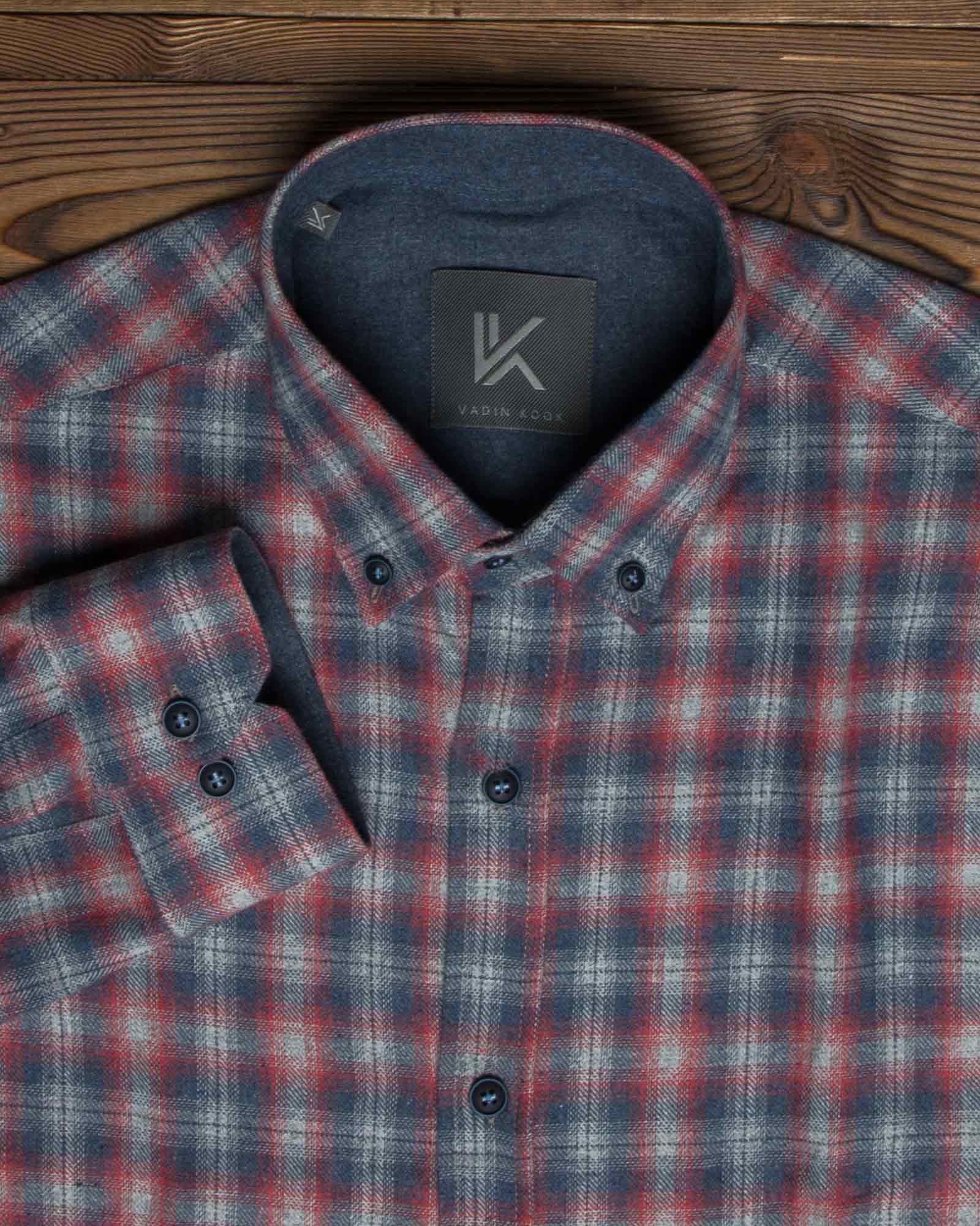 پیراهن پشمی آستین بلند چهارخانه مردانه - زرشکی - یقه مردانه