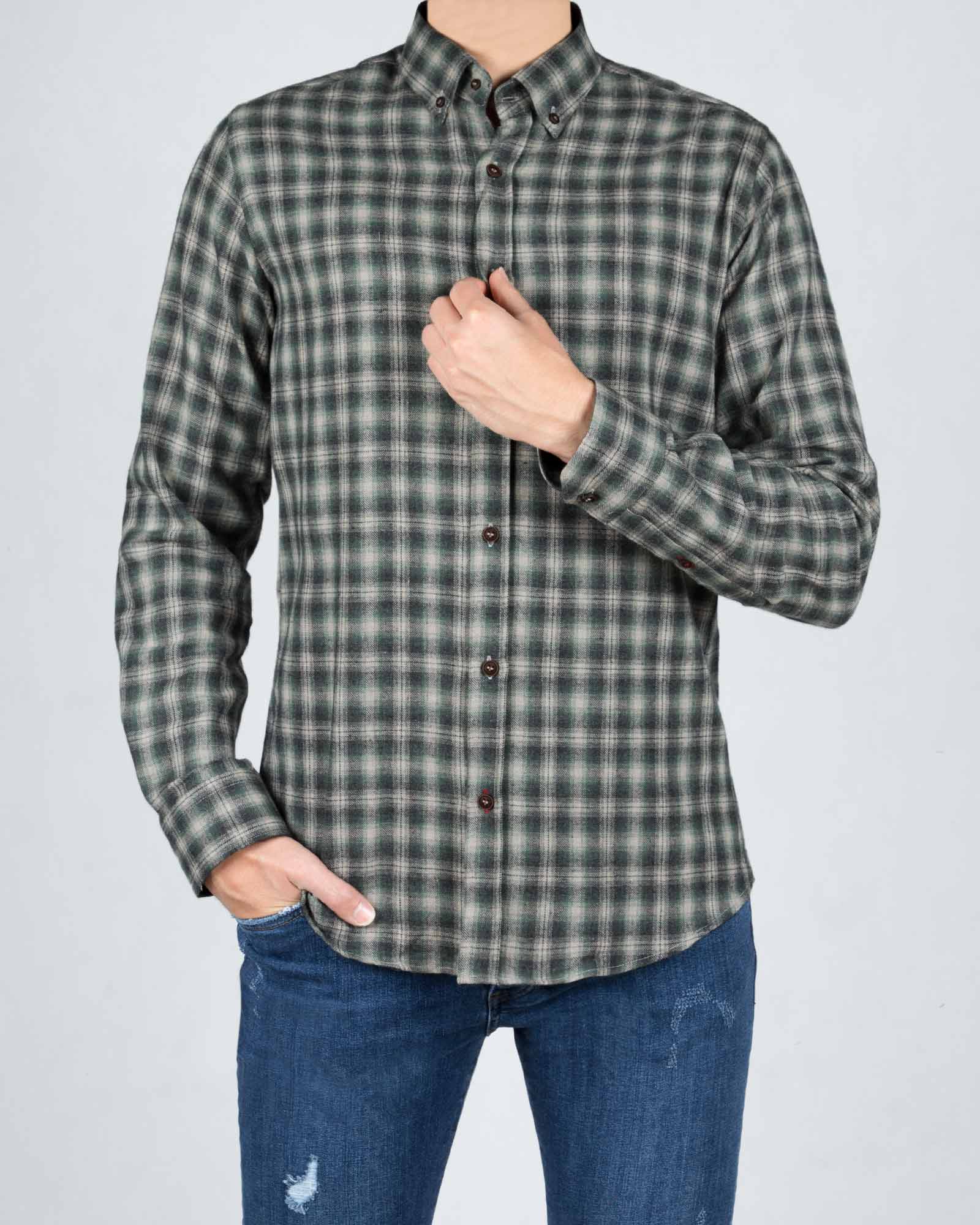 پیراهن پشمی آستین بلند چهارخانه مردانه - زیتونی سیر - رو به رو