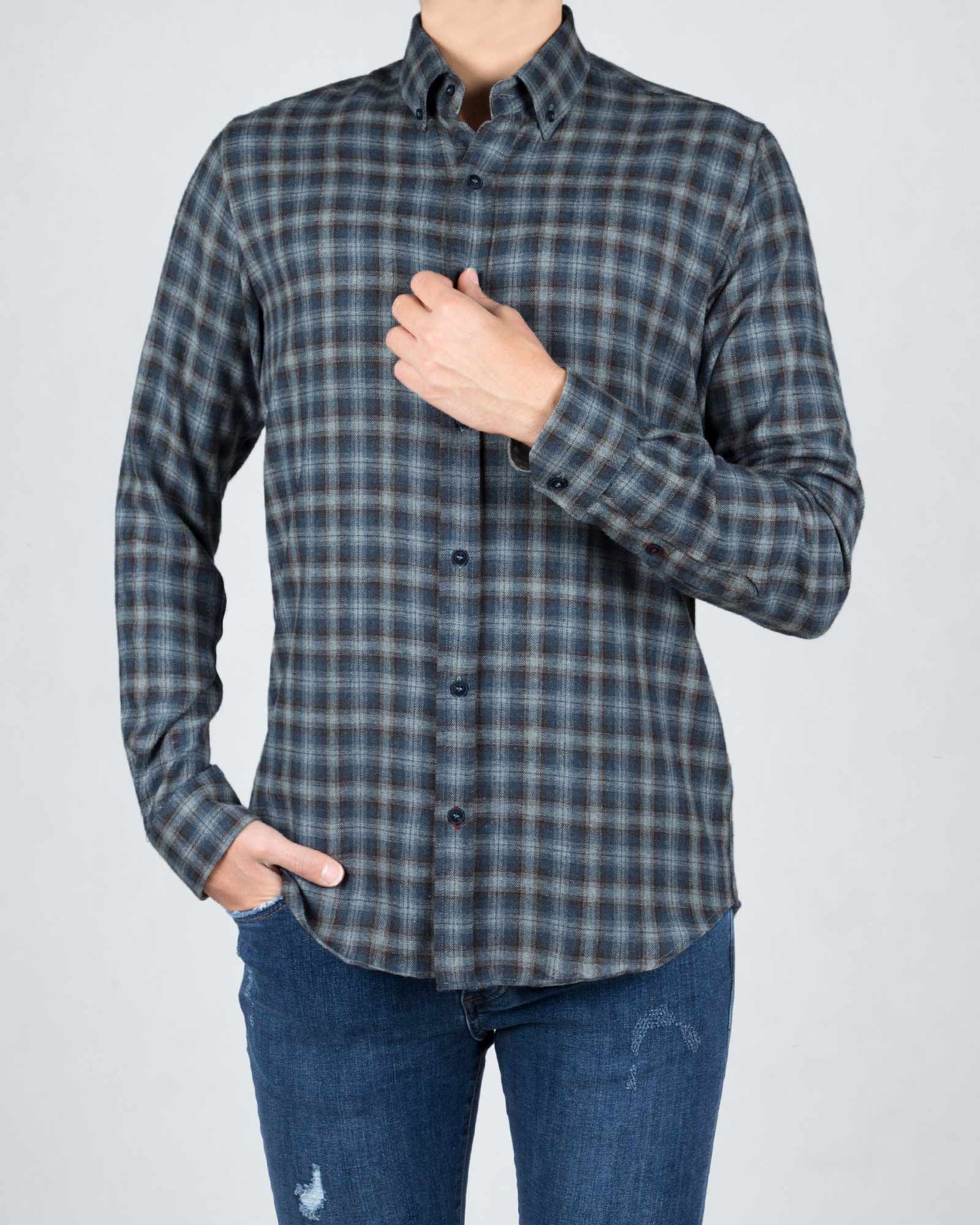 پیراهن پشمی آستین بلند چهارخانه مردانه - طوسی - رو به رو