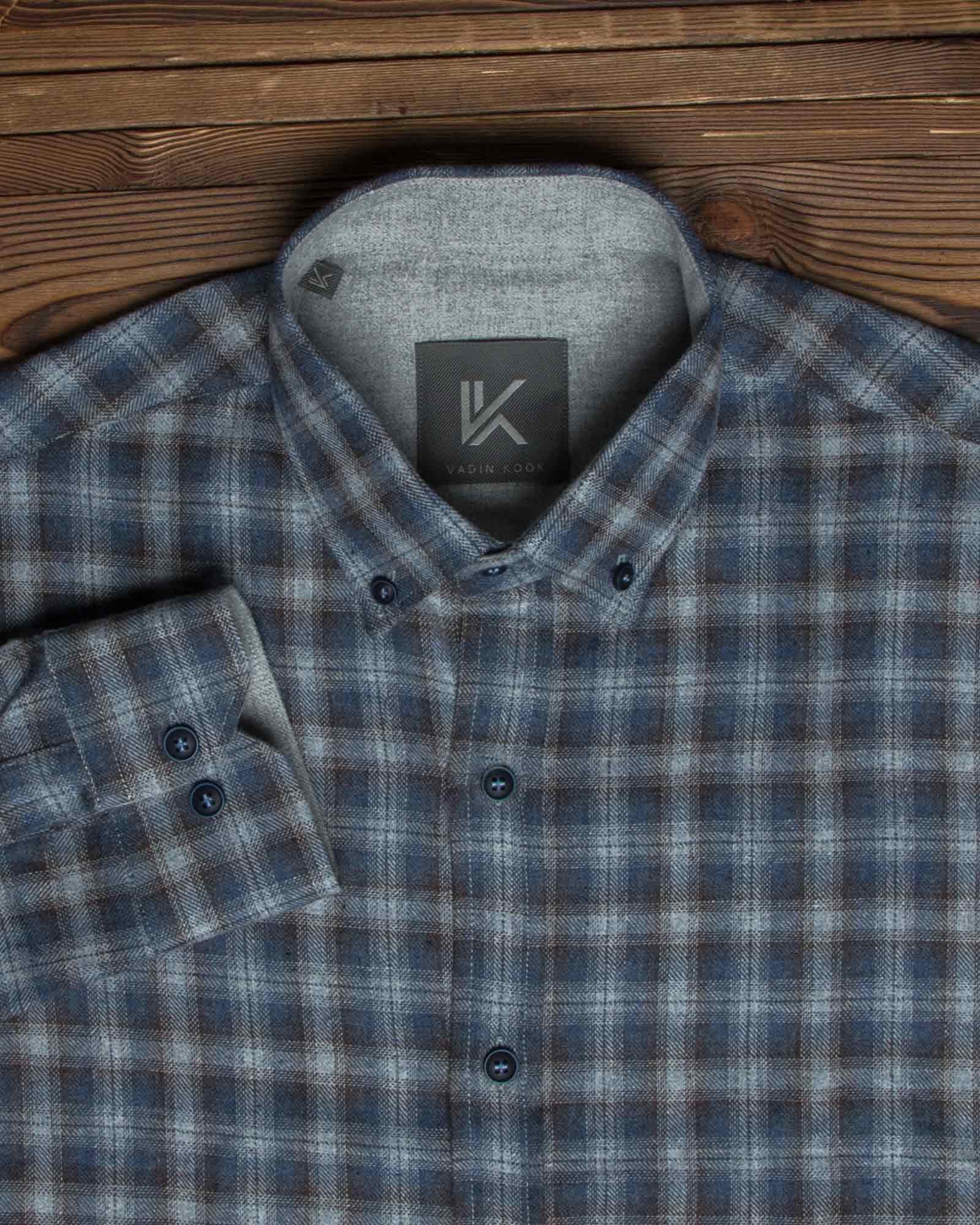 پیراهن پشمی آستین بلند چهارخانه مردانه - طوسی - یقه مردانه