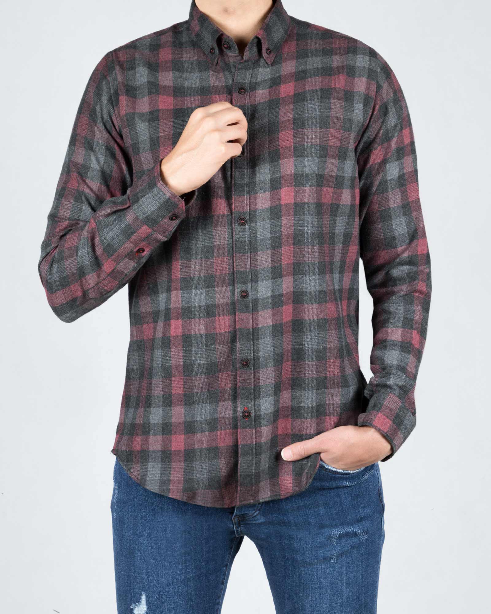 پیراهن پشمی چهارخانه اسپرت مردانه - سرخابی - رو به رو