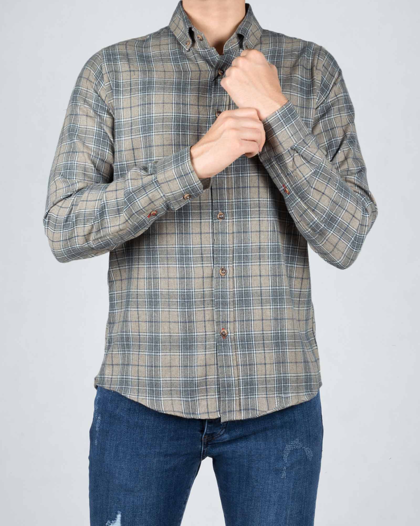 پیراهن پشمی چهارخانه مردانه کرمی - کرمی - رو به رو