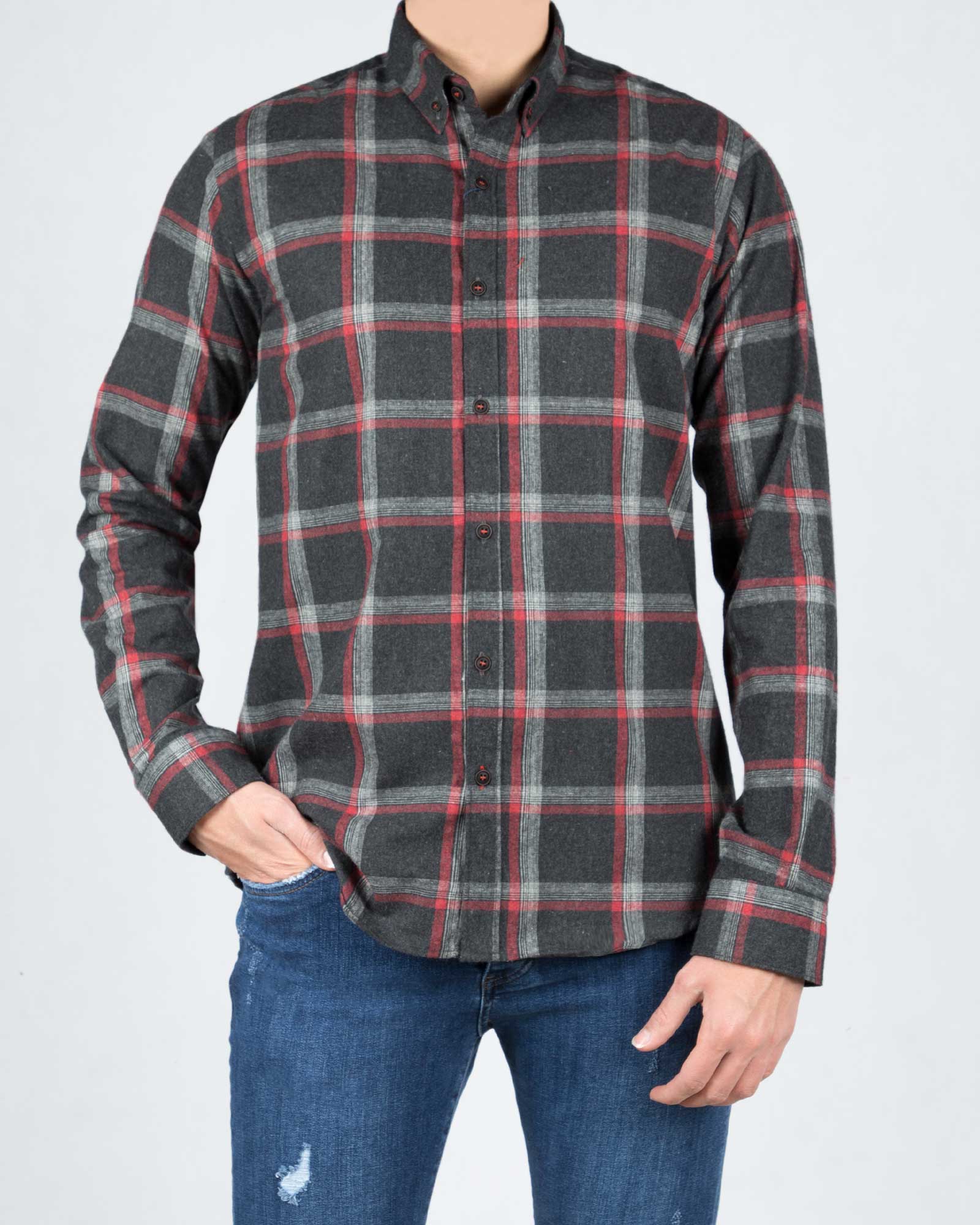 پیراهن پشمی چهارخانه مشکی مردانه - مشکی - رو به رو