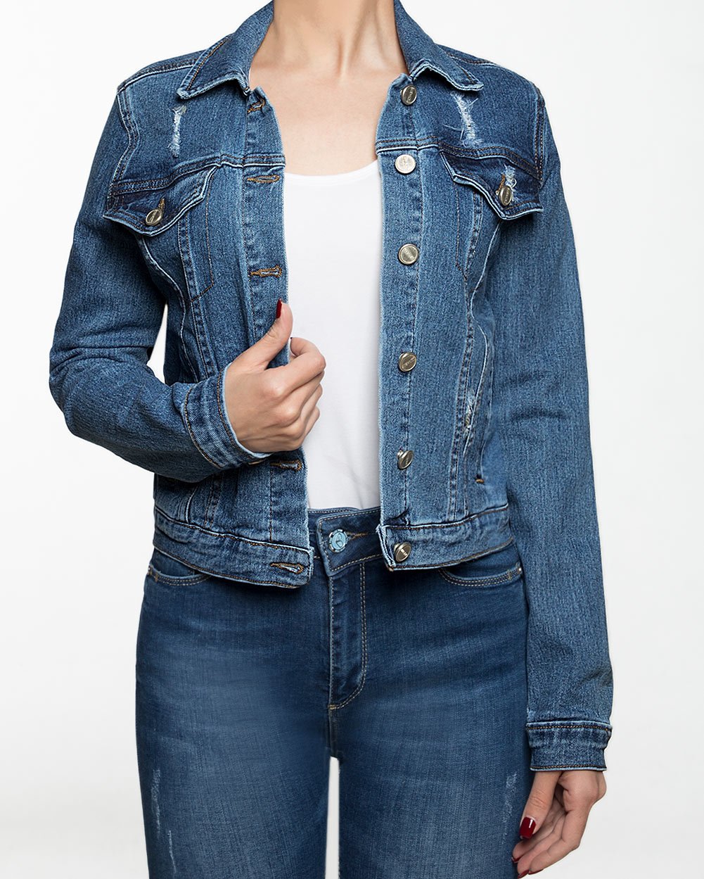 کت جین کوتاه زاپ دار زنانه - آبی - رو به رو