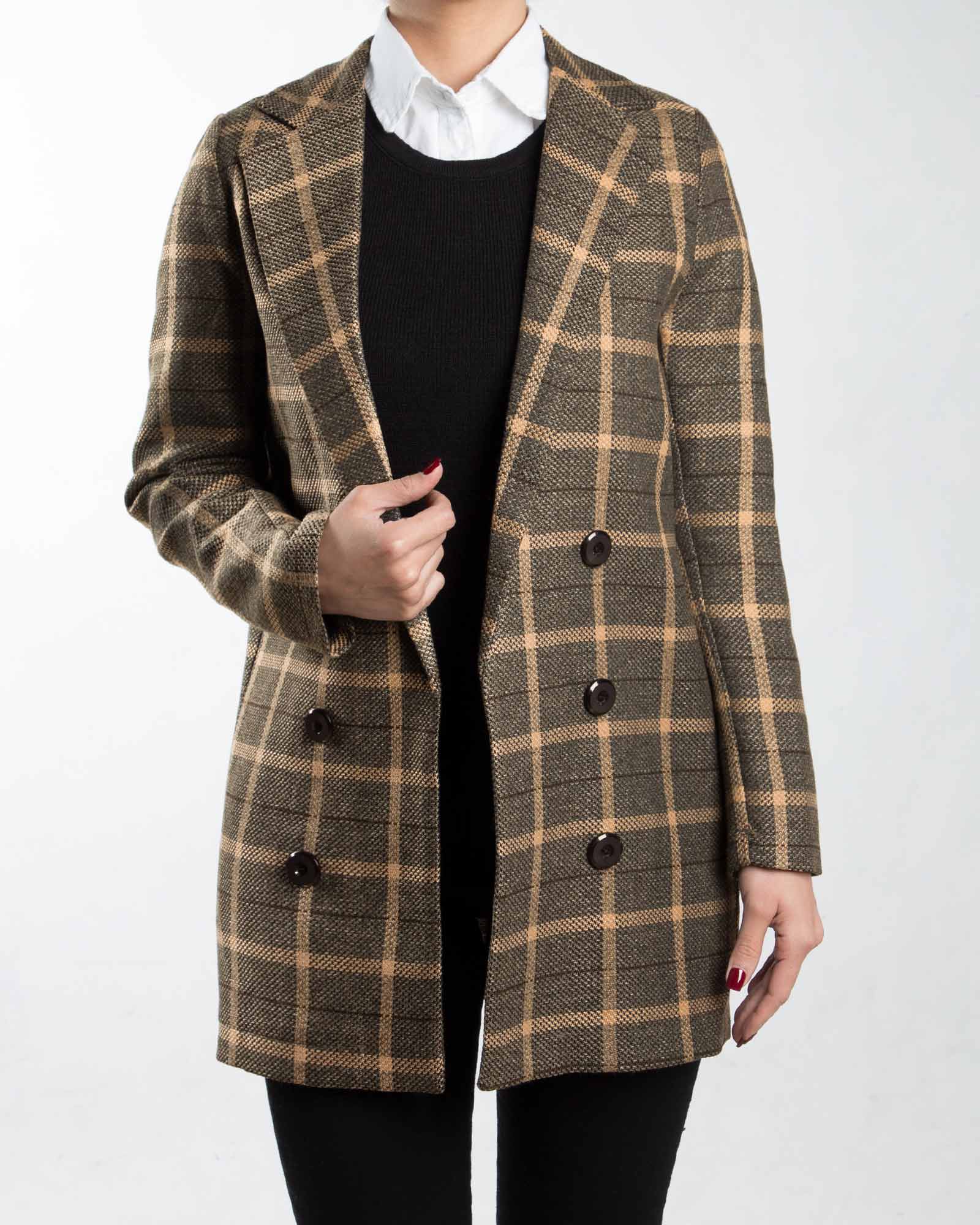 کت طرح چهارخانه زنانه - قهوه ای روشن - رو به رو