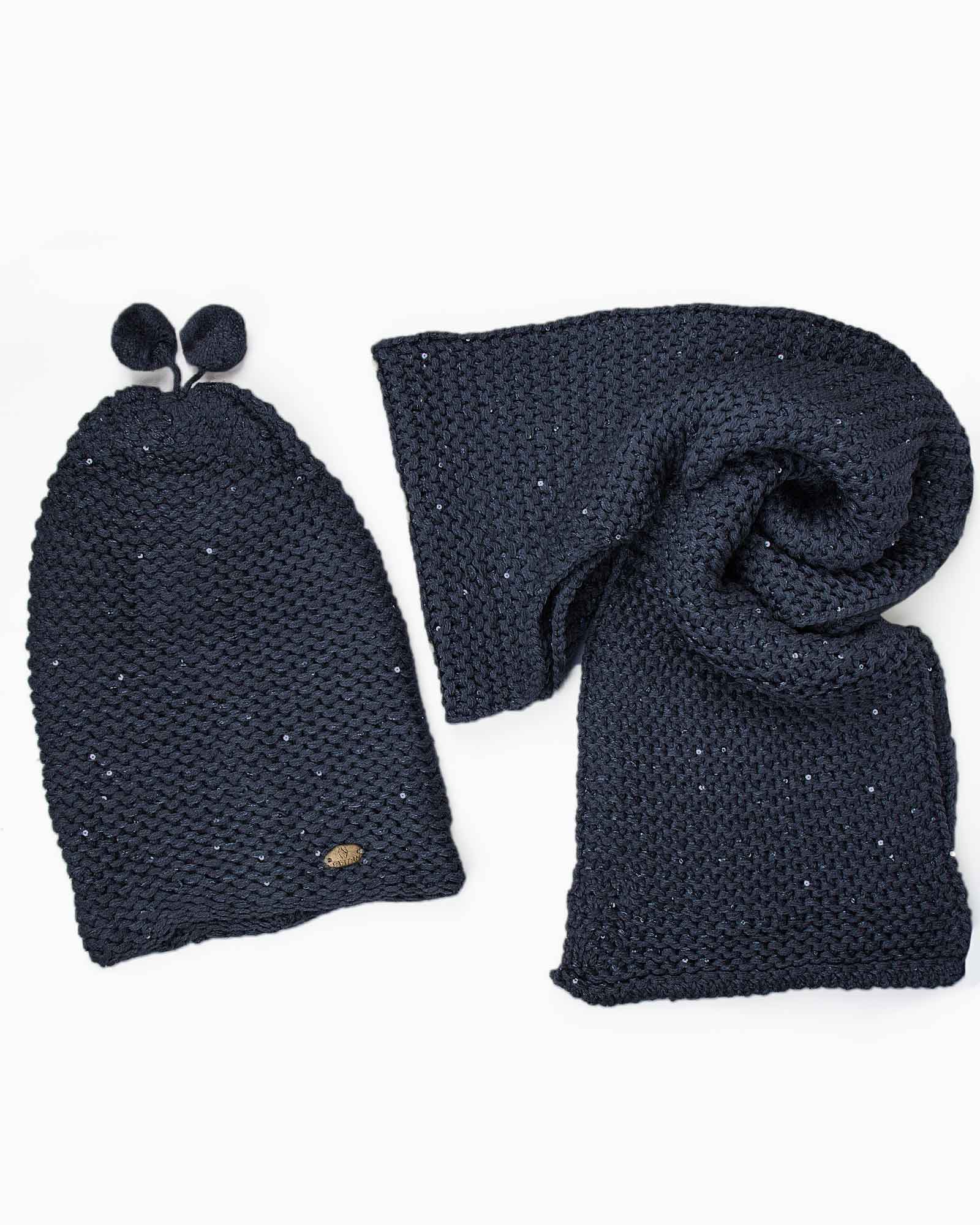 کلاه و شال گردن بافت پولک دار - سرمه ای تیره-شال و کلاه