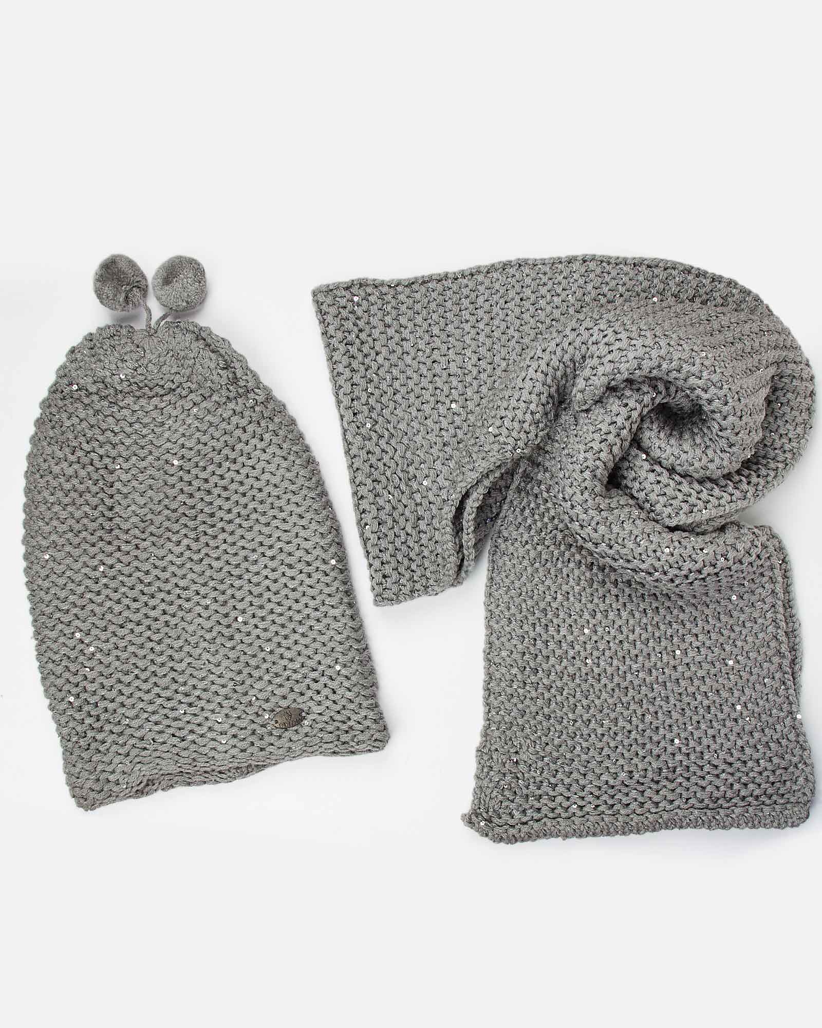 کلاه و شال گردن بافت پولک دار - طوسی- رو به رو