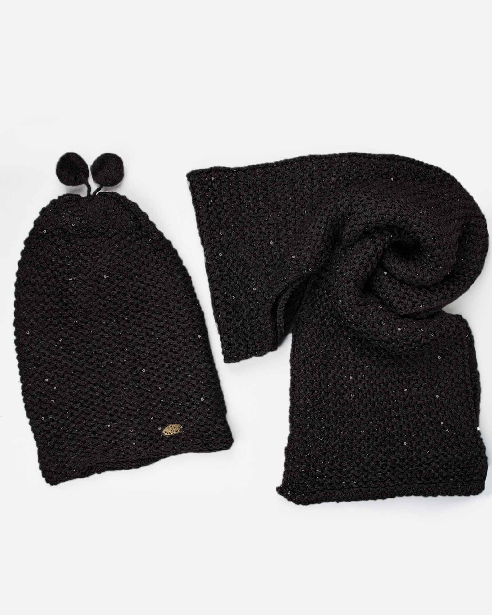 کلاه و شال گردن بافت پولک دار - مشکی - رو به رو