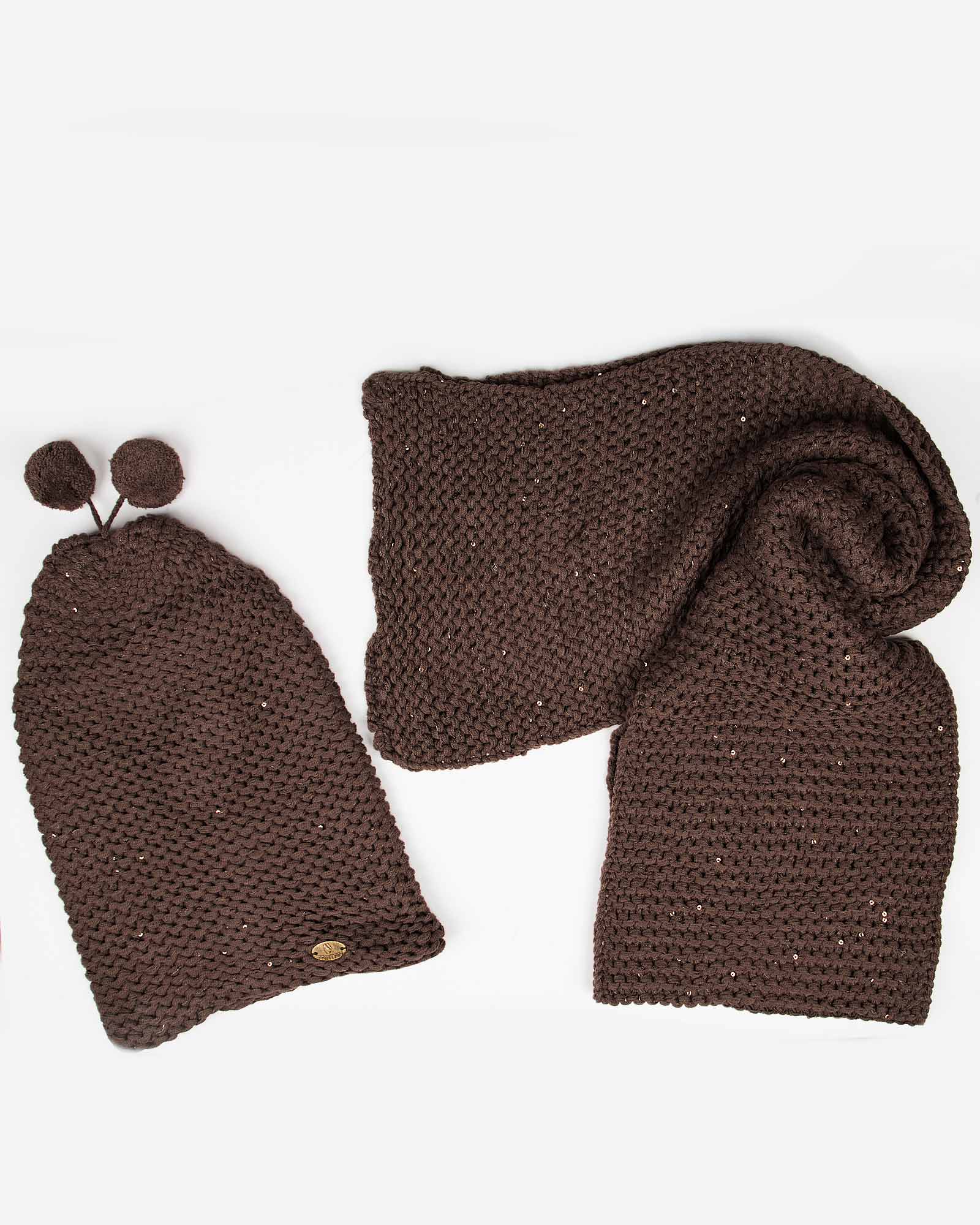 کلاه و شال گردن بافت پولک دار - کالباسی تیره - رو به رو