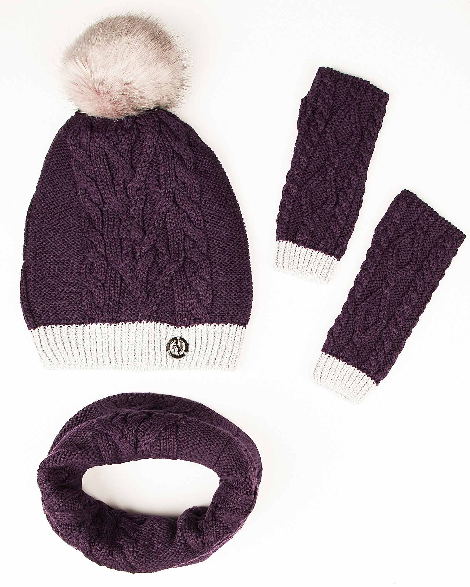 کلاه و شال گردن رینگی و دستکش - بادمجانی - رو به رو