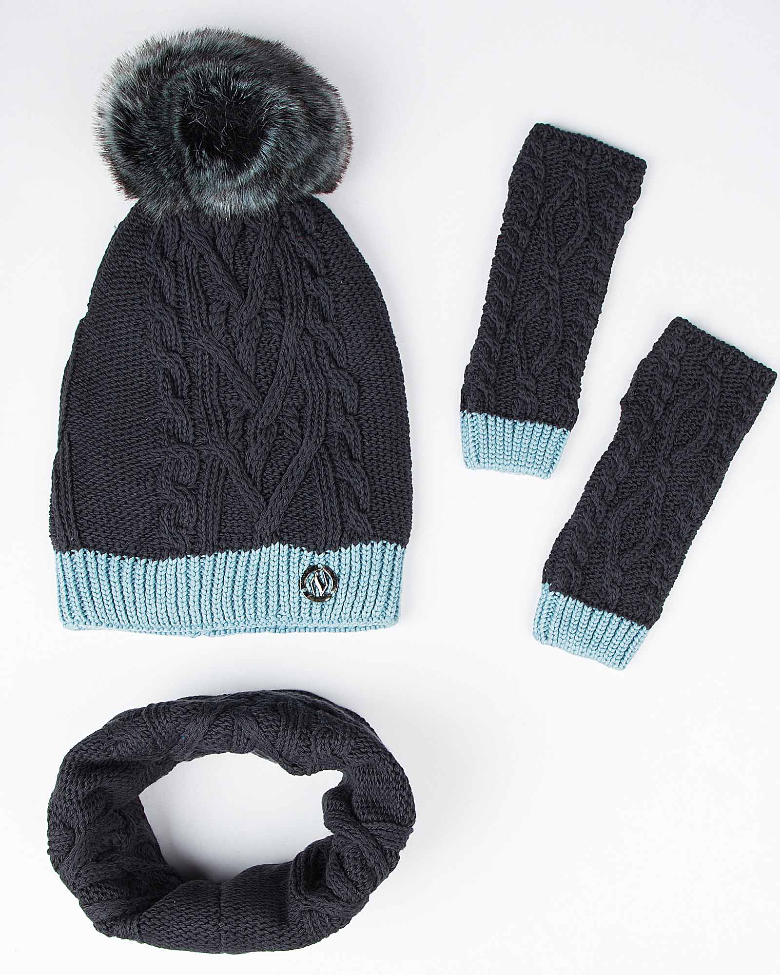 کلاه و شال گردن رینگی و دستکش - دودی تیره - رو به رو