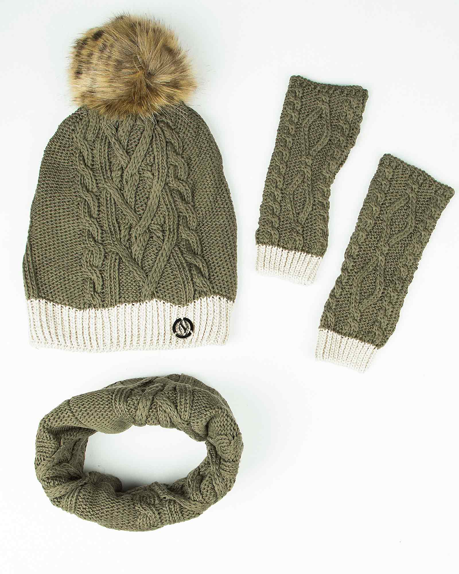 کلاه و شال گردن رینگی و دستکش - زیتونی سیر - رو به رو