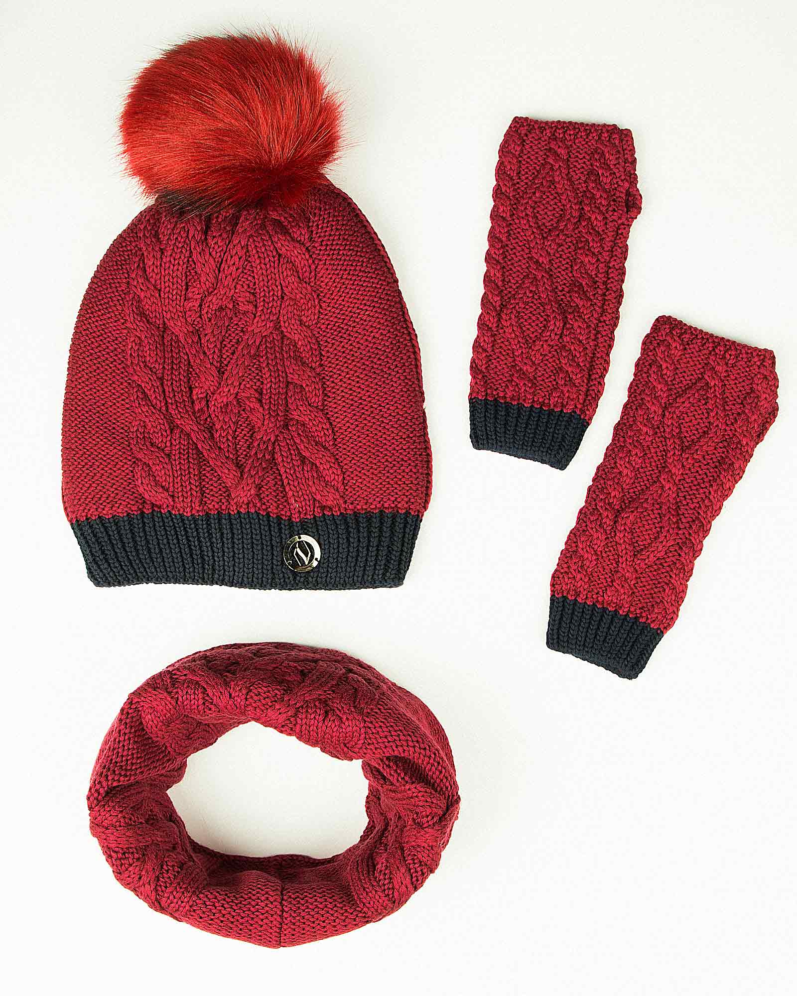 کلاه و شال گردن رینگی و دستکش - شرابی - رو به رو