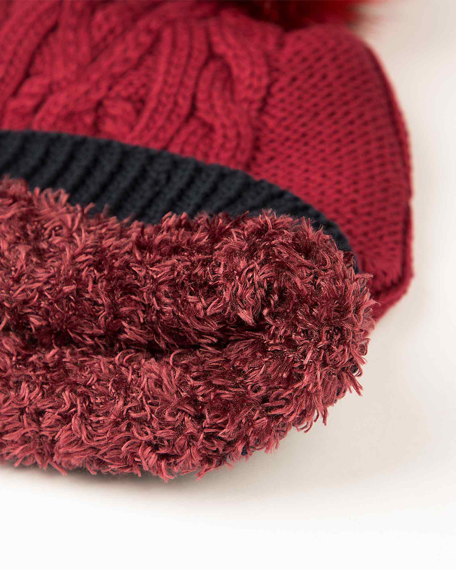 کلاه و شال گردن رینگی و دستکش - شرابی - کلاه خز دار