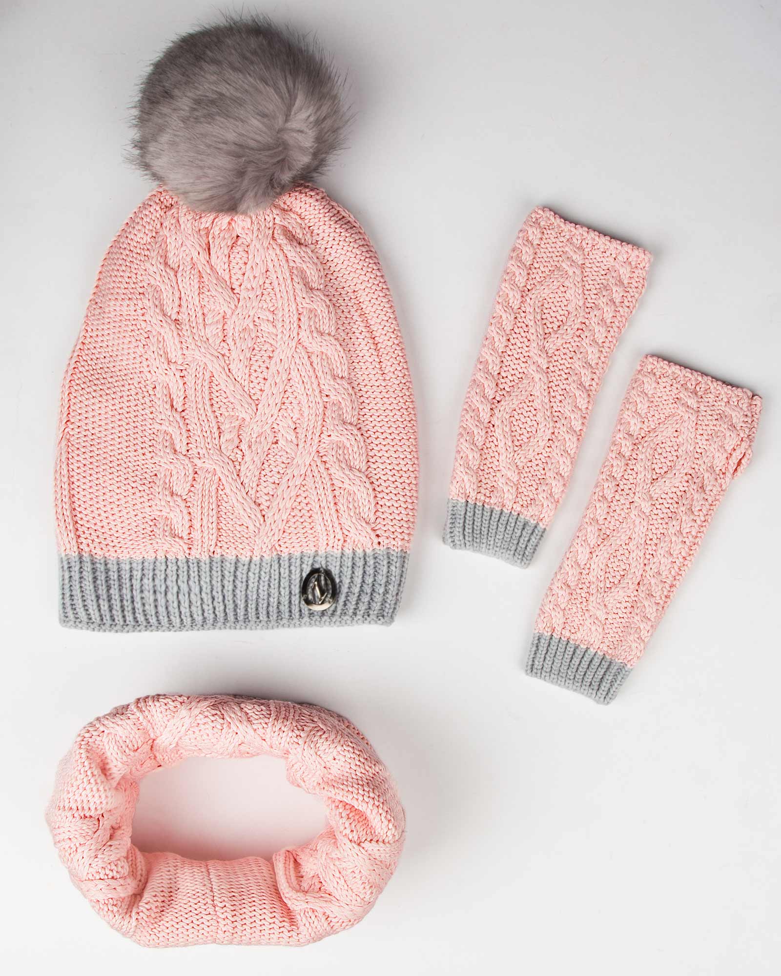 کلاه و شال گردن رینگی و دستکش - صورتی - رو به رو