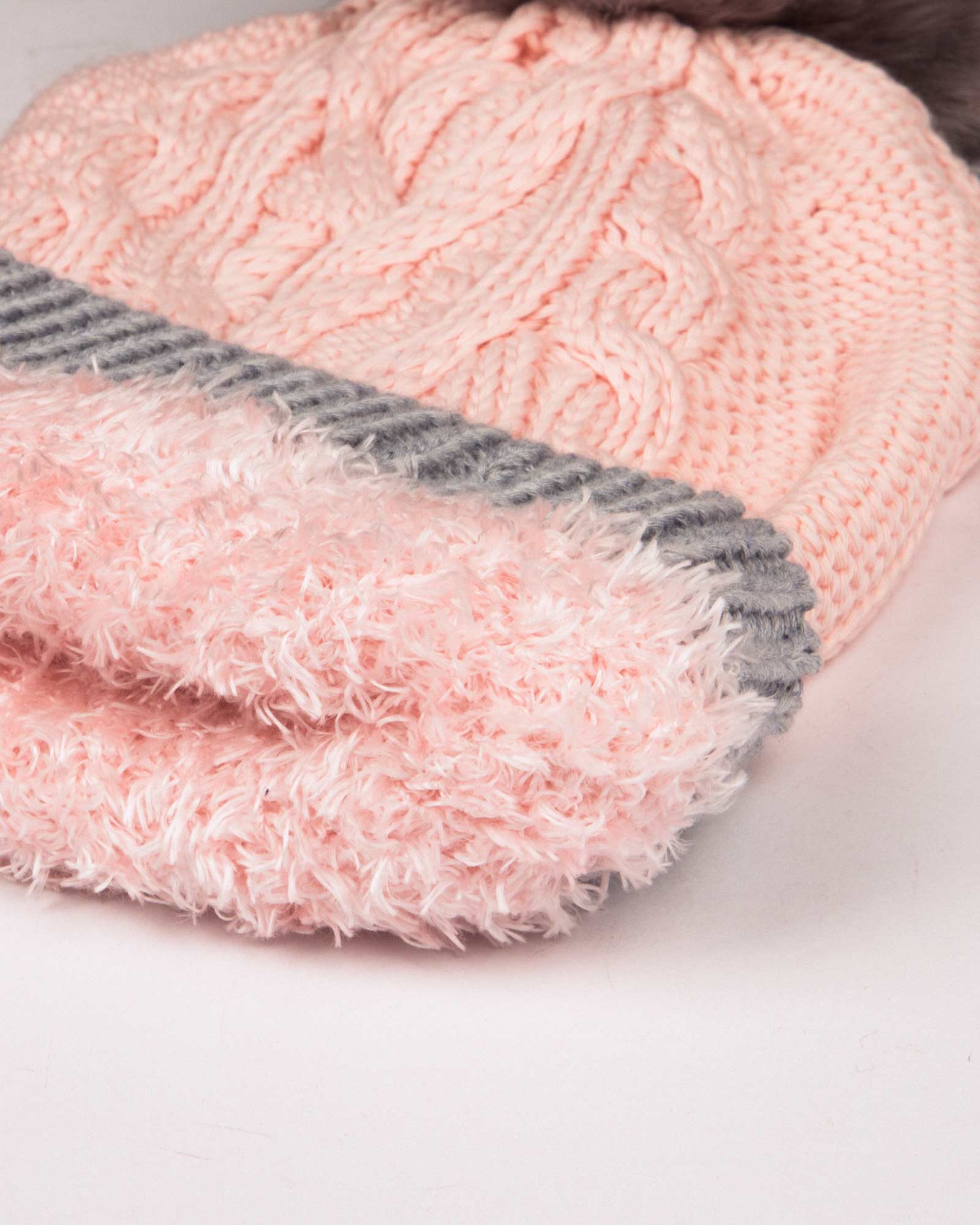 کلاه و شال گردن رینگی و دستکش - صورتی - کلاه خز دار