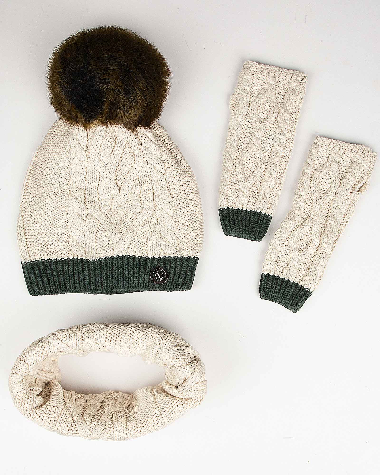 کلاه و شال گردن رینگی و دستکش - کرمی - رو به رو