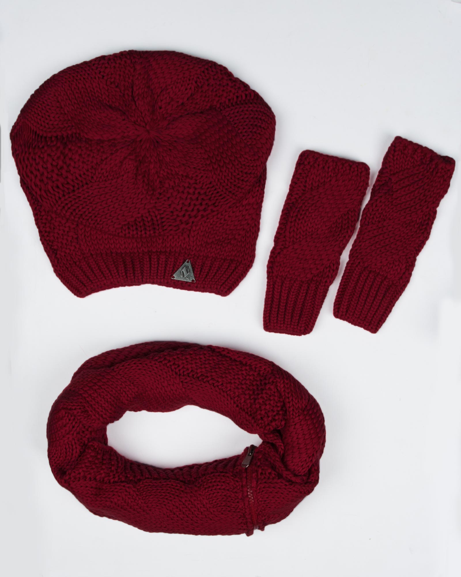 کلاه و شال گردن زیپ دار و دستکش بدون انگشت - زرشکی - رو به رو