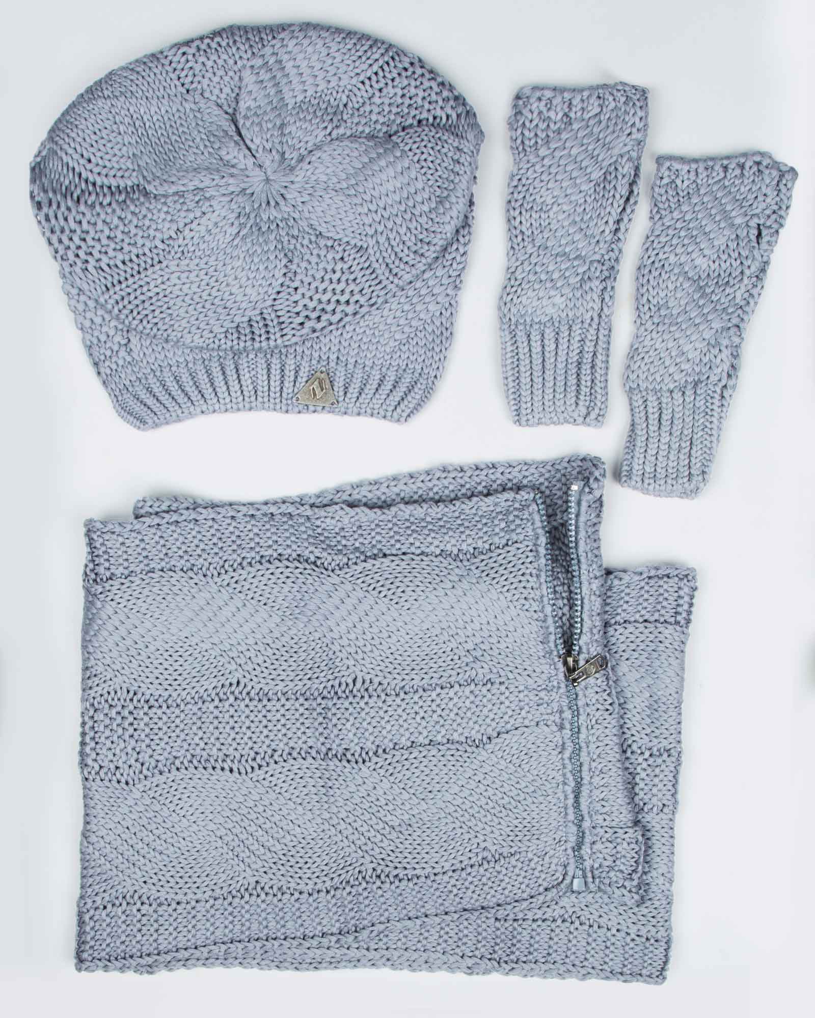 کلاه و شال گردن زیپ دار و دستکش بدون انگشت - طوسی کمرنگ - رو به رو