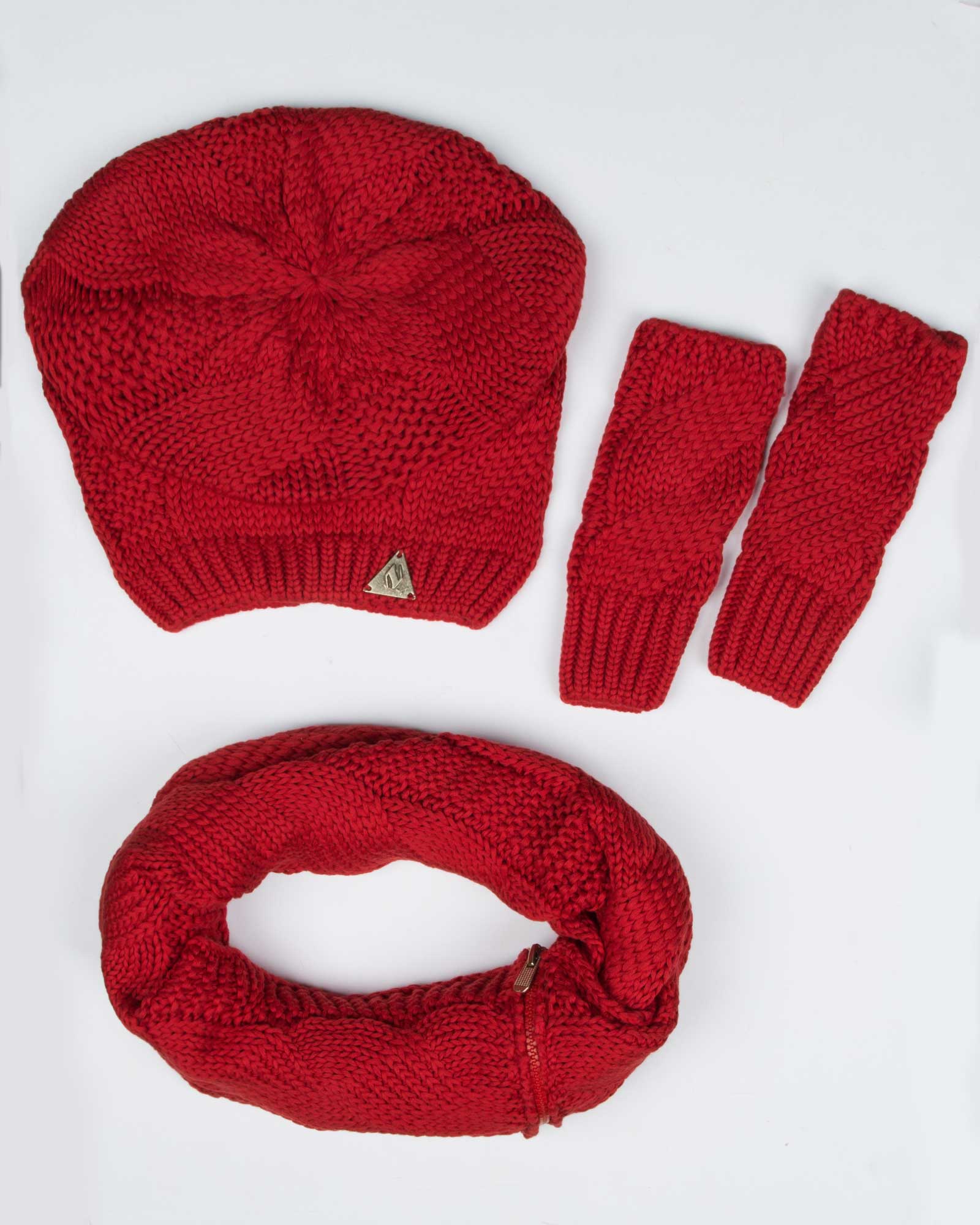 کلاه و شال گردن زیپ دار و دستکش بدون انگشت - قرمز - رو به رو