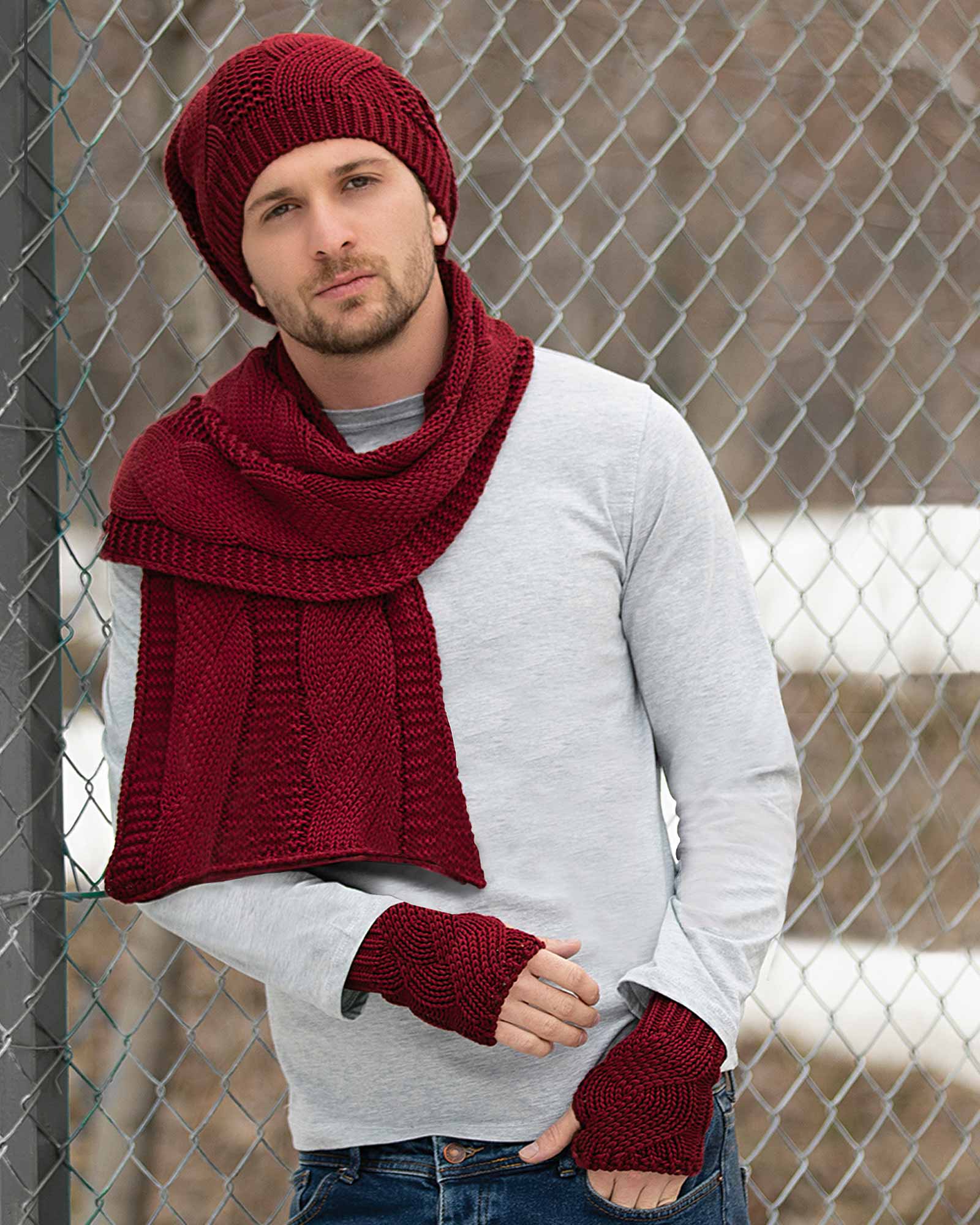 کلاه و شال گردن زیپ دار و دستکش بدون انگشت - قرمز - محیطی مردانه