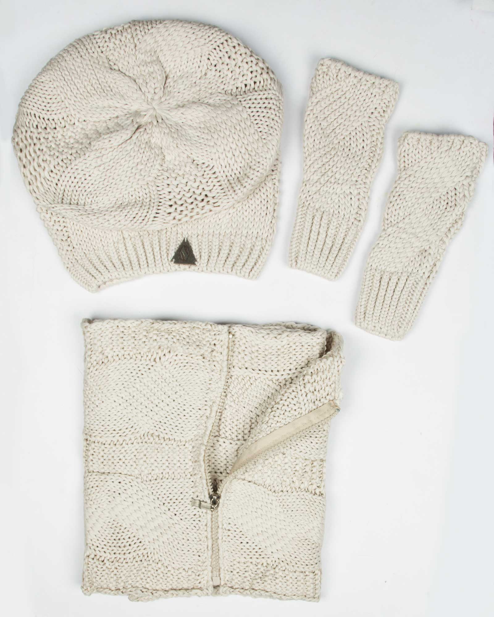 کلاه و شال گردن زیپ دار و دستکش بدون انگشت - کرمی - رو به رو