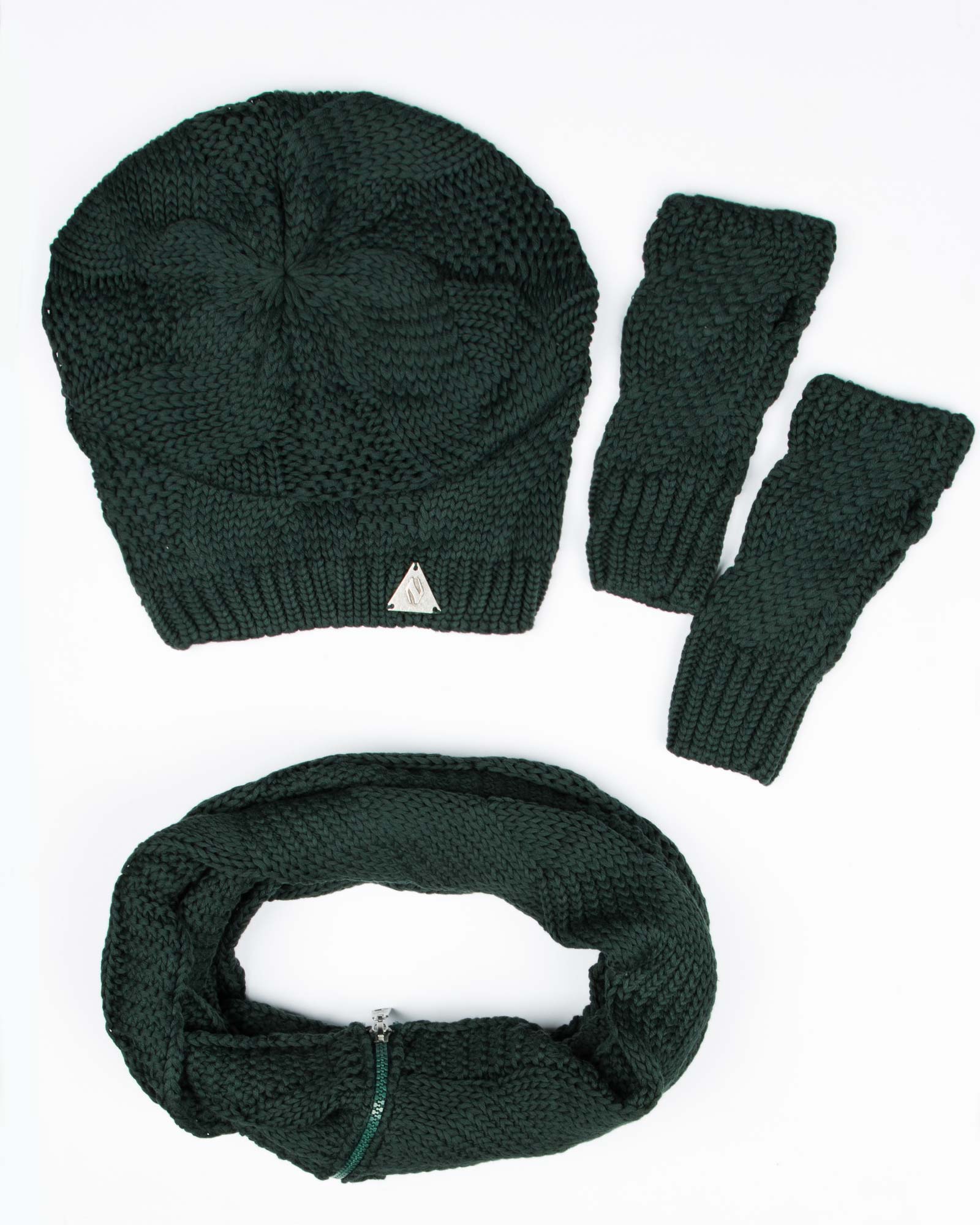 کلاه و شال گردن زیپ دار و دستکش بدون انگشت - یشمی - رو به رو