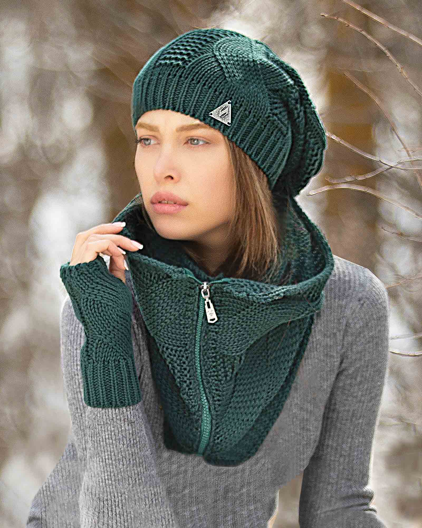 کلاه و شال گردن زیپ دار و دستکش بدون انگشت - یشمی - محیطی زنانه