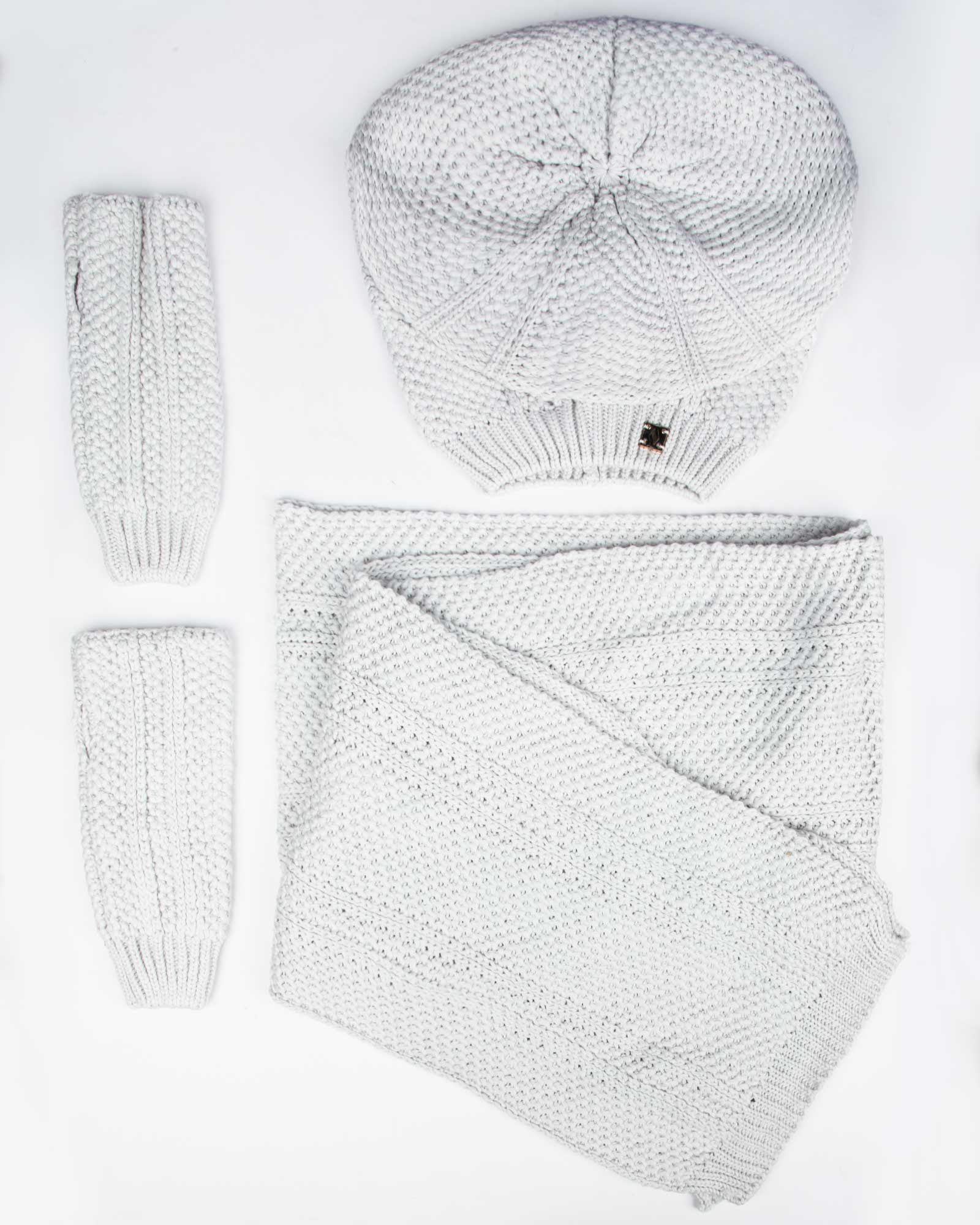 کلاه کج و شال گردن بافتنی و دستپوش - خاکستری محو - رو به رو