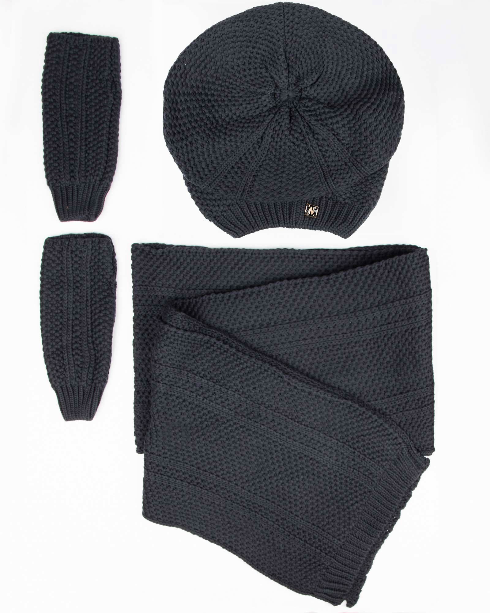 کلاه کج و شال گردن بافتنی و دستپوش - دودی تیره - رو به رو