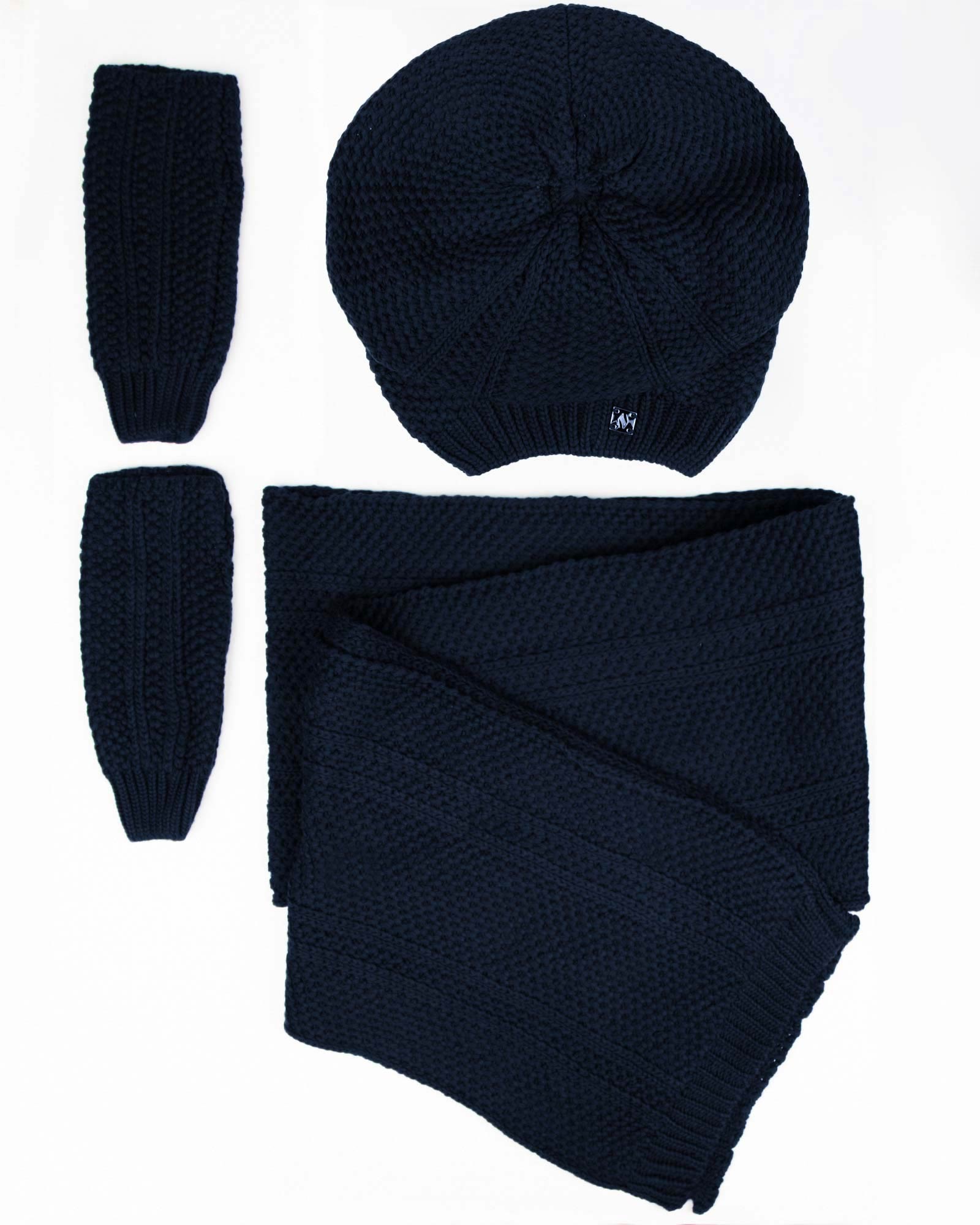 کلاه کج و شال گردن بافتنی و دستپوش - سرمه ای تیره - رو به رو