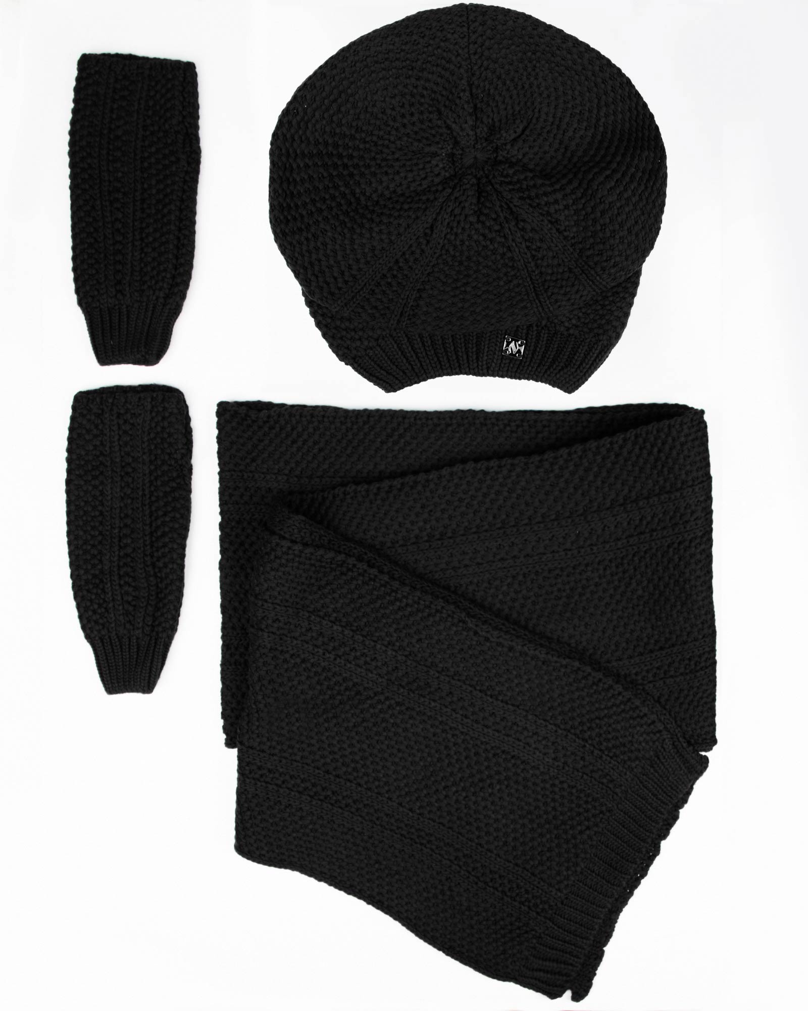 کلاه کج و شال گردن بافتنی و دستپوش - مشکی - رو به رو