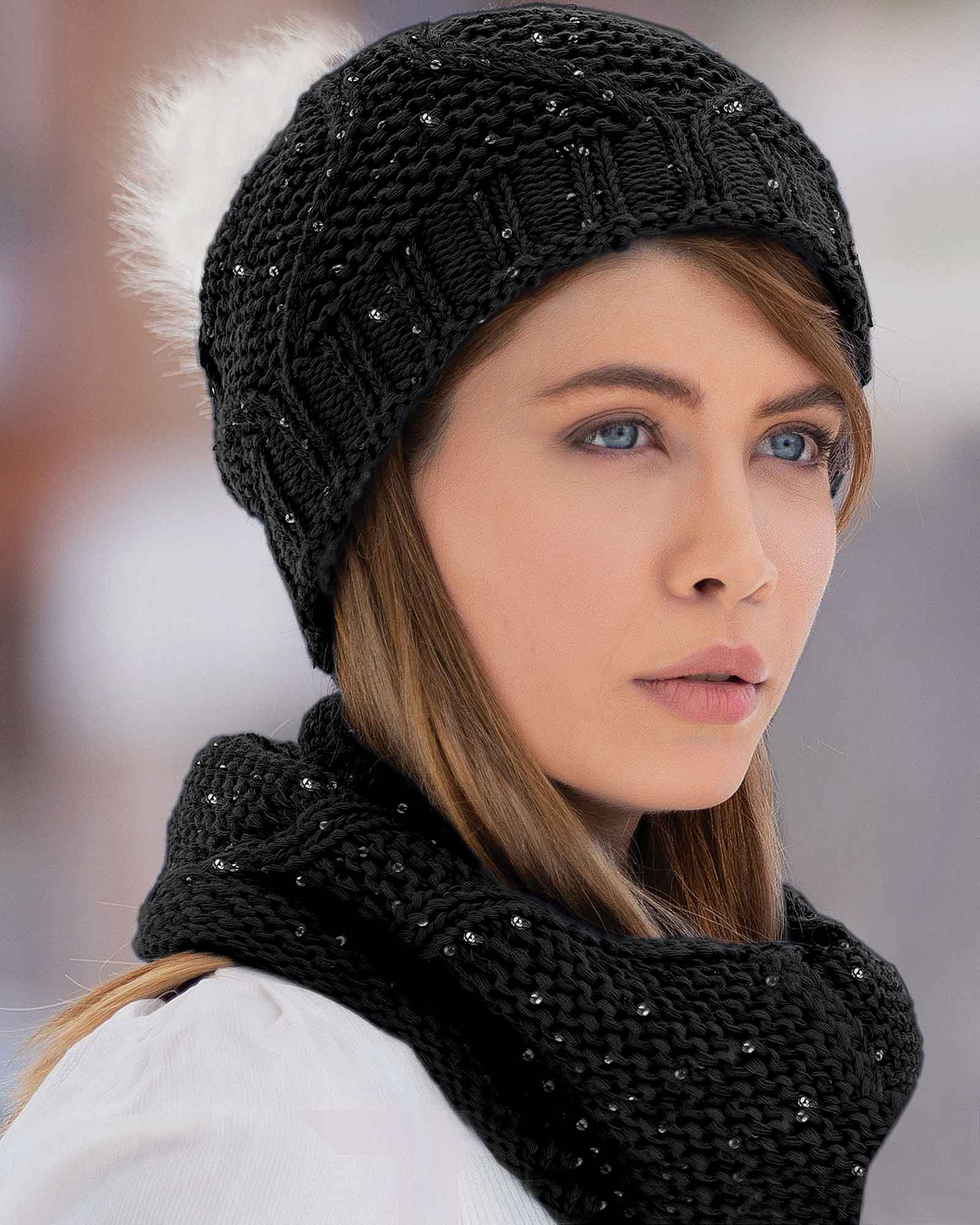 ست کلاه شال گردن رینگی پولک دار زنانه - دودی تیره - دخترانه