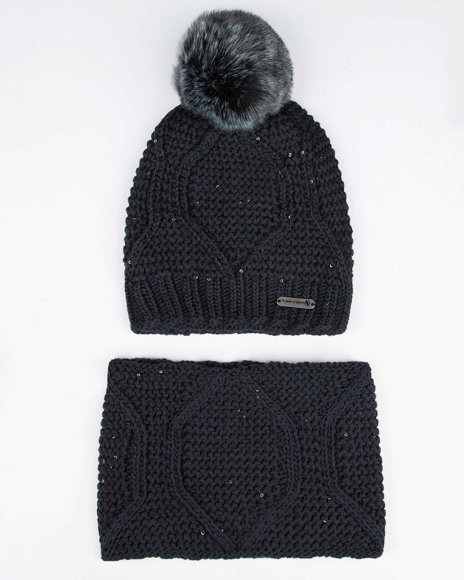 ست کلاه شال گردن رینگی پولک دار زنانه - دودی تیره - رو به رو